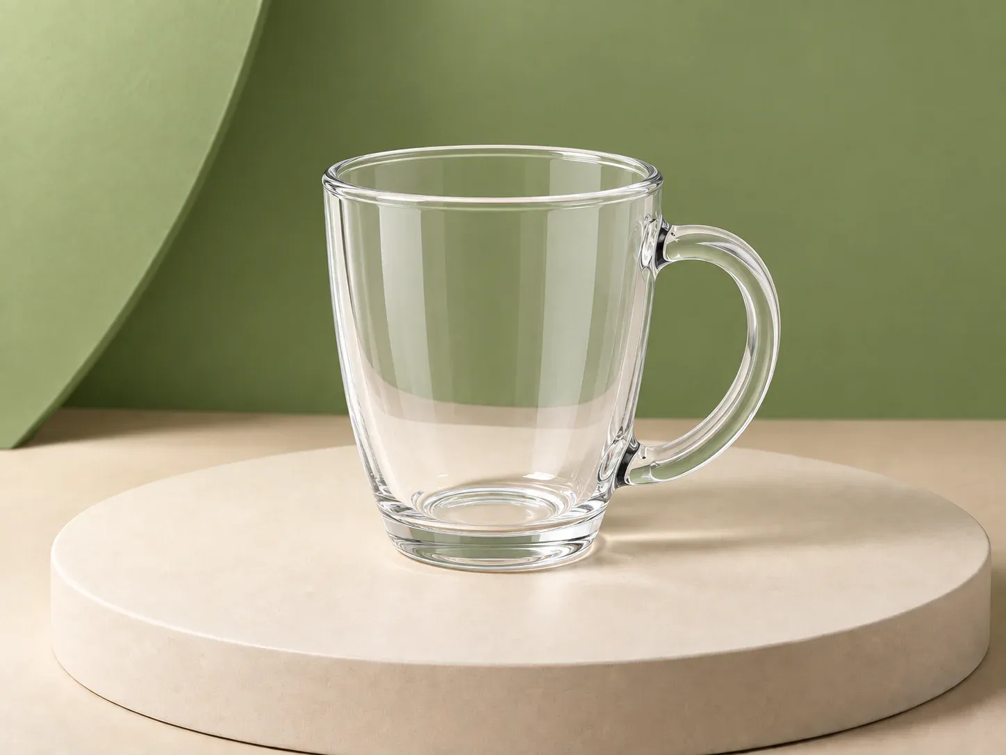 Caneca de vidro 390 ml, na cor transparente, sem personalização: caneca transparente de boca larga, corpo levemente cônico, base grossa e alça grande em arco