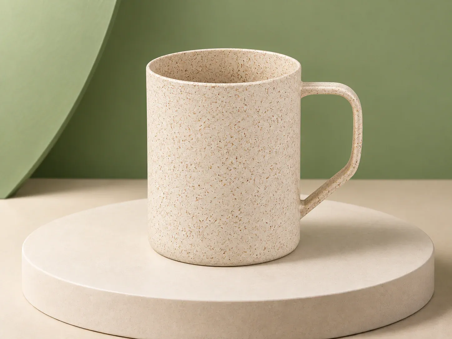 Caneca de fibra de arroz 400 ml, na cor bege, sem personalização: caneca cilíndrica bege salpicada de pontinhos, com alça de canto arredondado