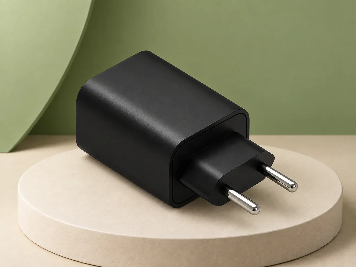 Carregador de tomada preto, na cor preto, sem personalização: carregador de tomada preto fosco, em bloco retangular de cantos arredondados, com plugue de dois pinos metálicos