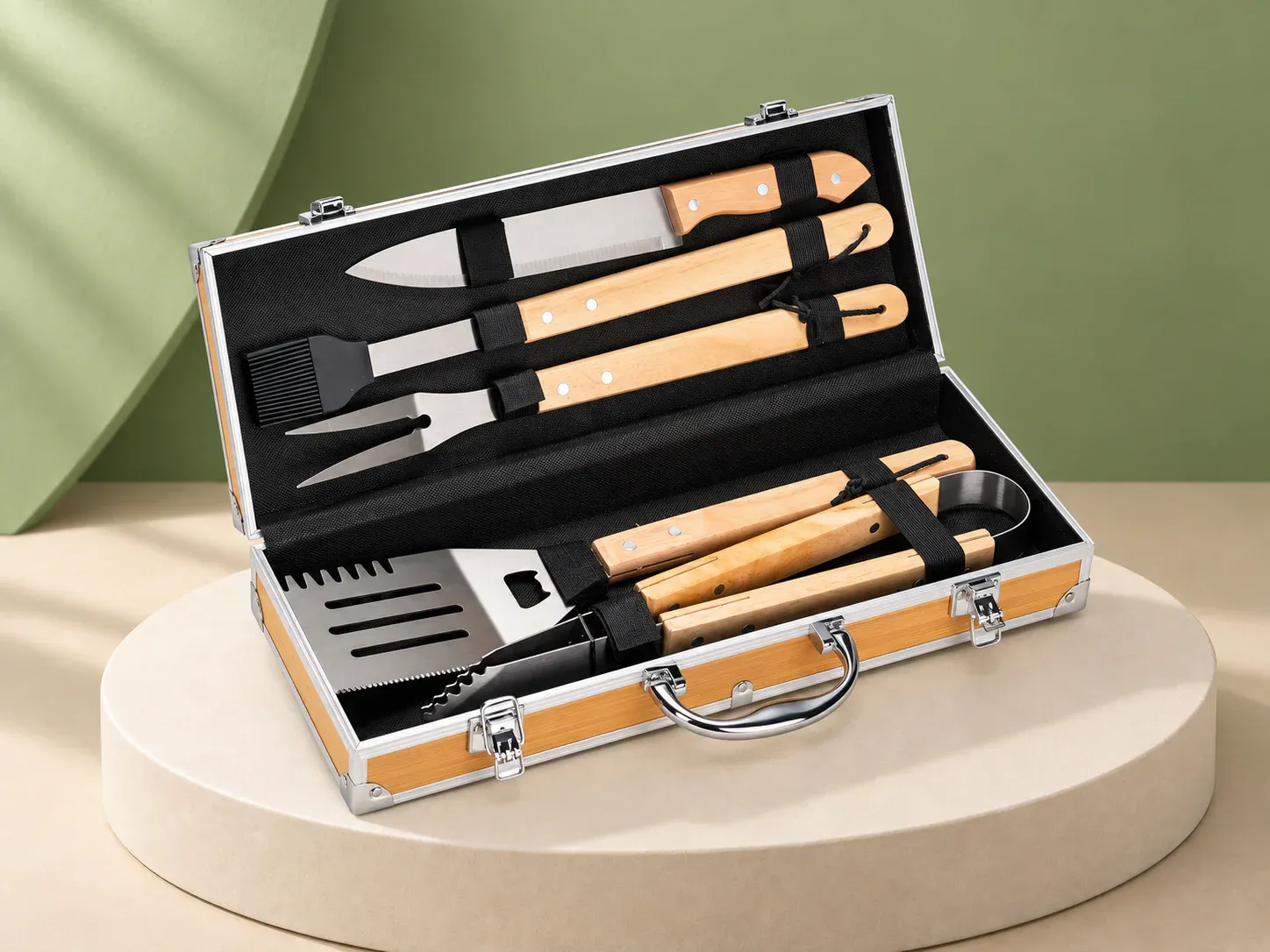 Kit churrasco 5 peças em maleta, na cor bege, sem personalização: maleta aberta com laterais em tom bege e cantoneiras metálicas, com faca, pincel, garfo, espátula e pegador de cabos claros presos por elásticos pretos