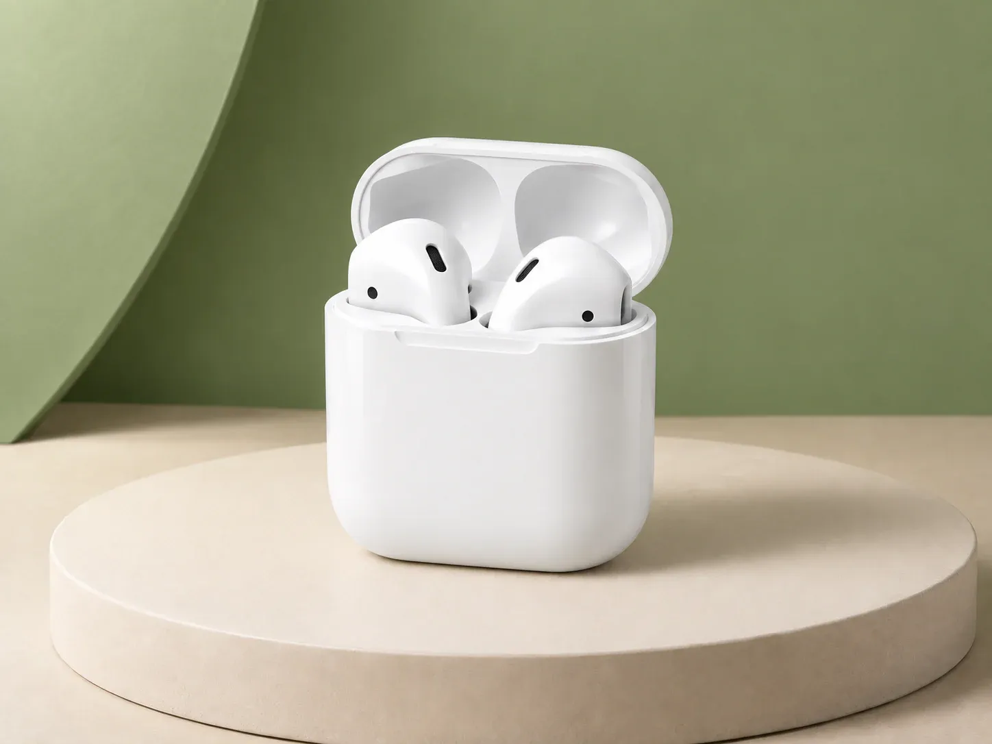 Fones de ouvido com estojo branco, na cor branco, sem personalização: estojo branco arredondado de tampa aberta com dois fones de ouvido brancos encaixados