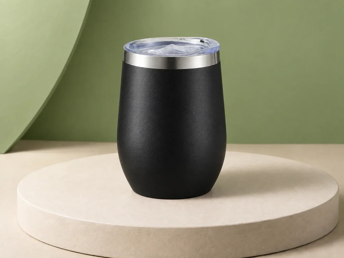 Copo cuia inox 360 ml, na cor preto, sem personalização: copo preto de corpo baixo e arredondado com faixa metálica no topo e tampa transparente