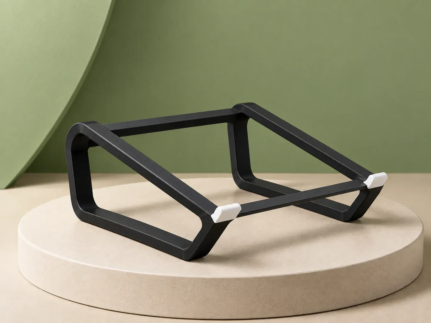 Suporte inclinado para notebook, na cor preto, sem personalização: suporte preto inclinado para notebook, com duas laterais em moldura vazada, barras transversais e ponteiras brancas na frente