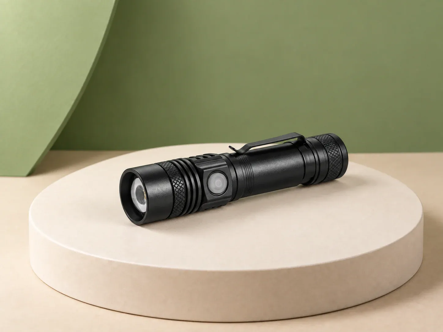 Lanterna recarregável com zoom, na cor preto, sem personalização: lanterna compacta preta com cabeça serrilhada, botão lateral, clipe de bolso e tampa traseira serrilhada