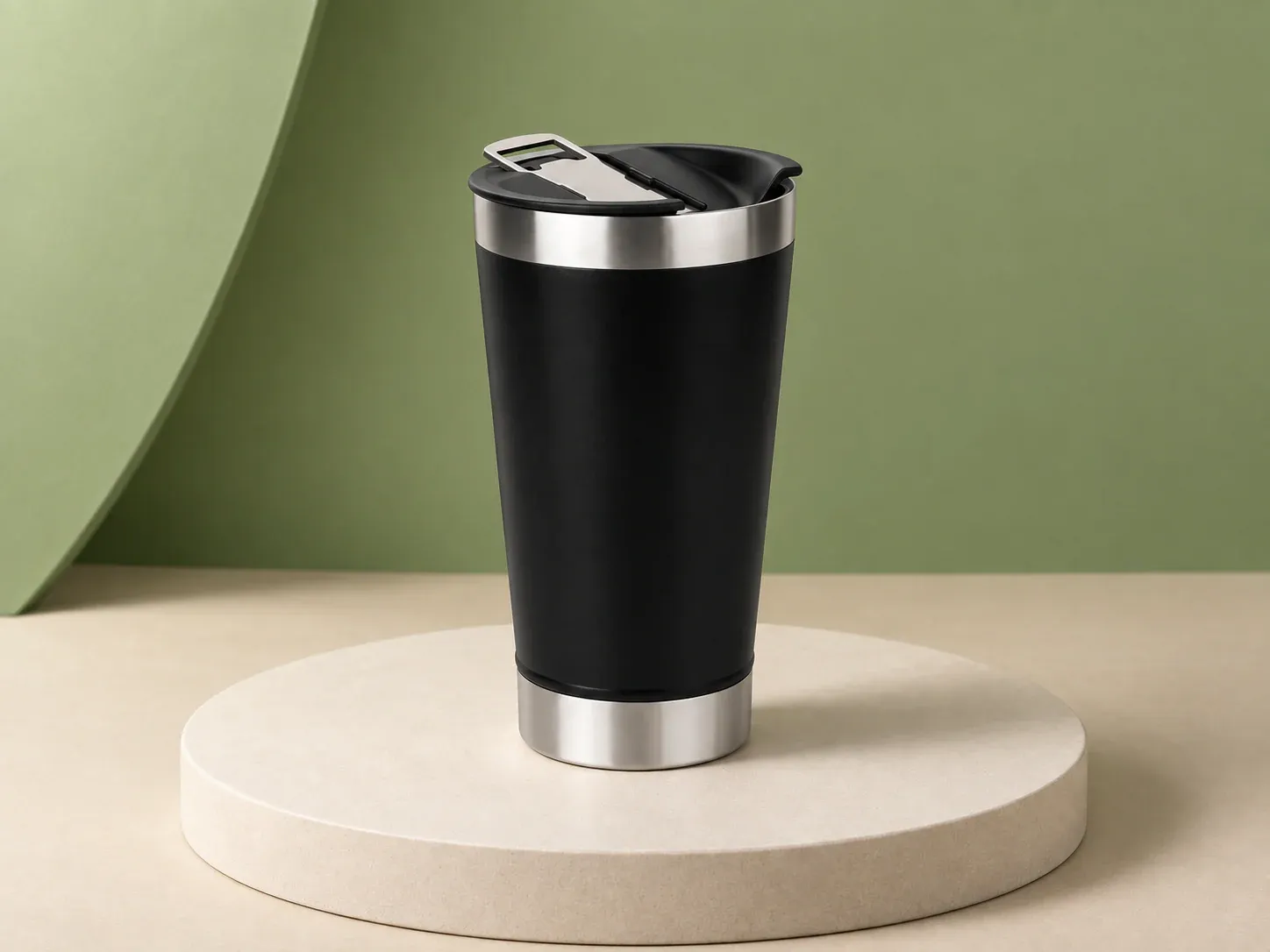 Copo inox 473 ml, na cor preto, sem personalização: copo preto de corpo alto com faixas metálicas no topo e na base e tampa preta com abridor