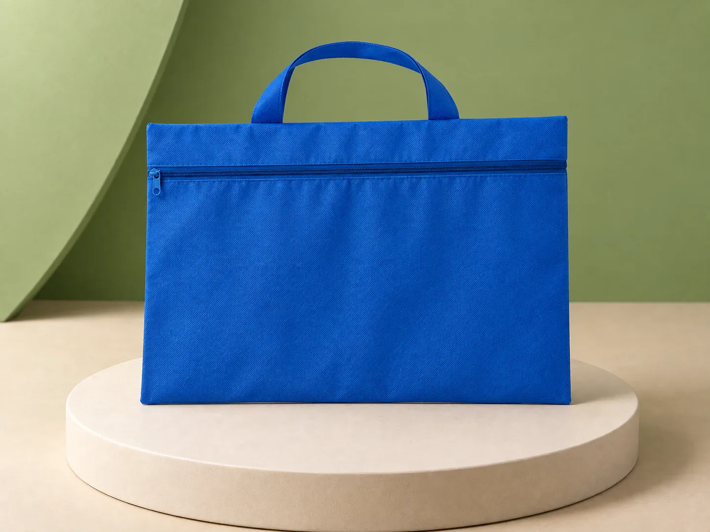 Pasta de congresso de non-woven, na cor azul, sem personalização: pasta azul retangular com zíper azul no topo e alças do mesmo tecido