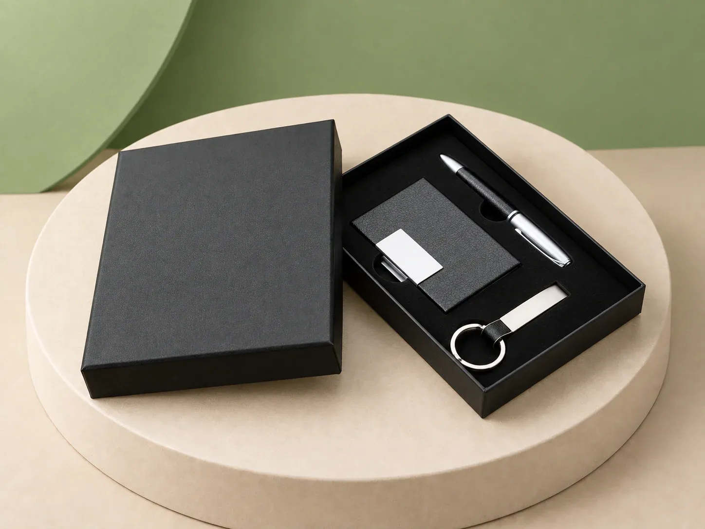 Kit executivo com porta-cartões, caneta e chaveiro, na cor preto, sem personalização: caixa preta aberta com a tampa ao lado, contendo porta-cartões preto texturizado com placa metálica, caneta preta e prata e chaveiro com placa metálica e alça preta