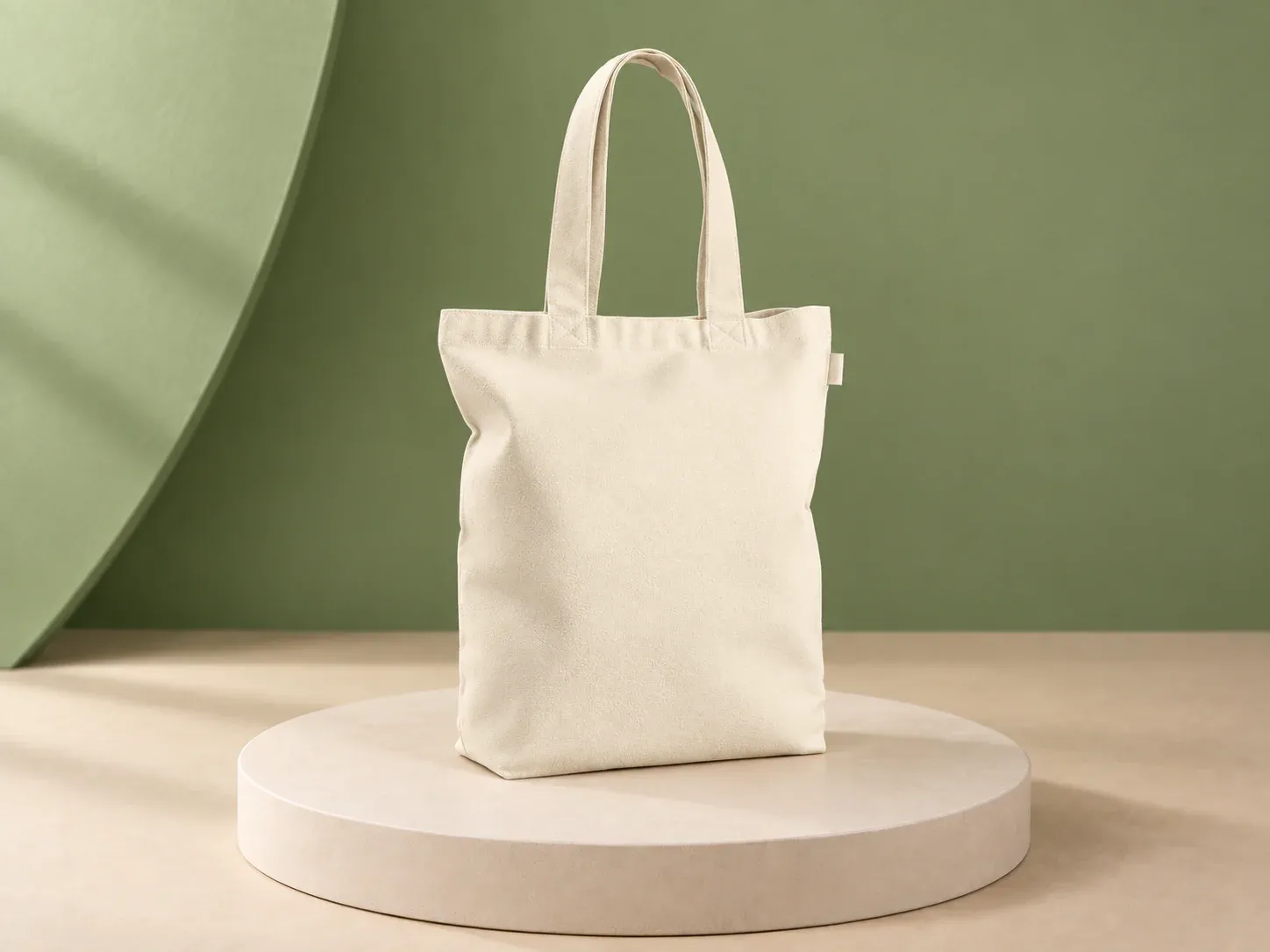 Sacola de algodão reciclado 220 g/m² com fole, na cor cru, sem personalização: sacola de tecido cru com alças longas, abertura com profundidade e pequena etiqueta lisa na costura lateral