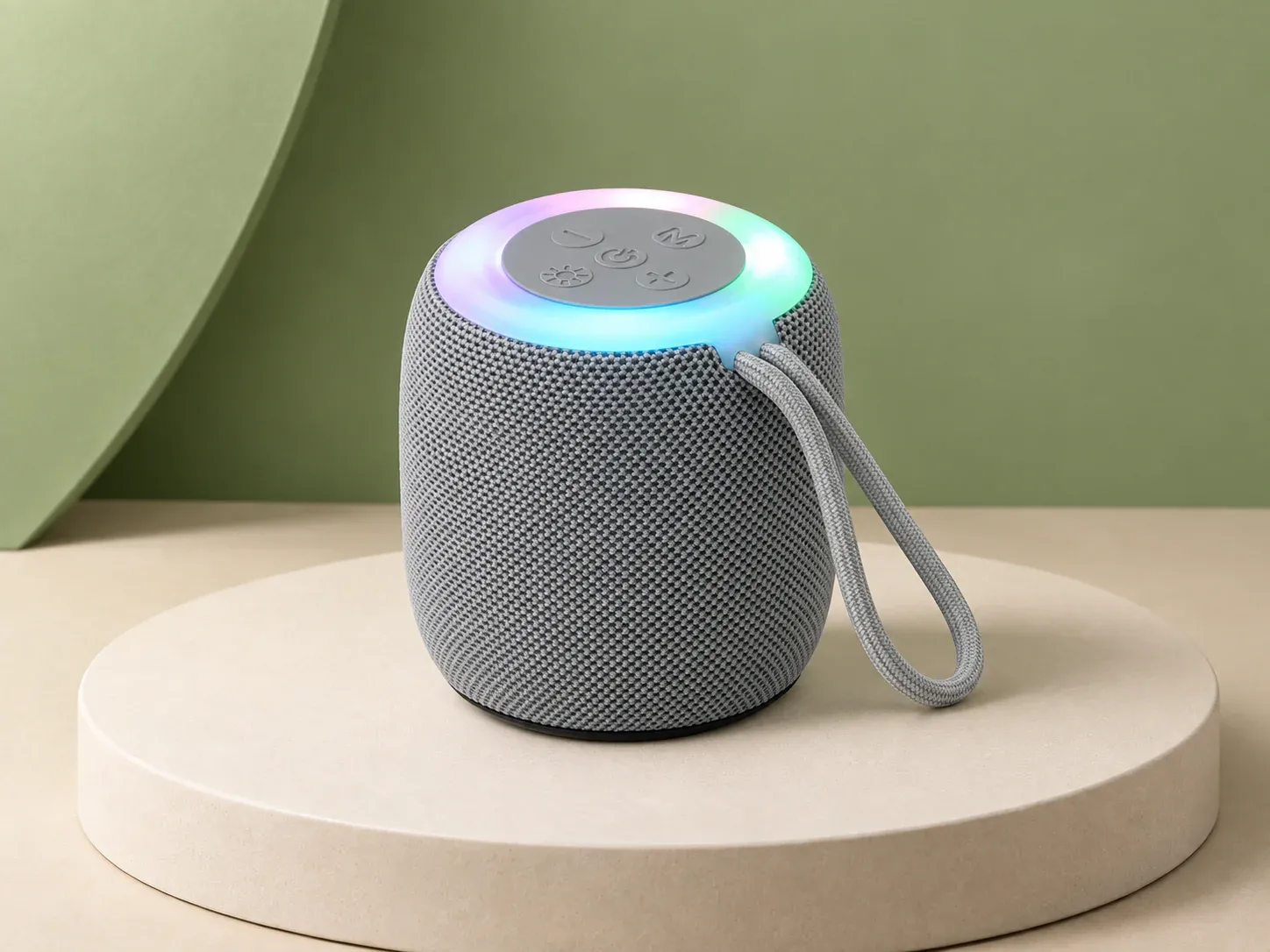 Caixa de som bluetooth com luz RGB, na cor cinza, sem personalização: caixa de som cilíndrica revestida de tecido cinza, com botões e anel de luz colorido no topo e alça de cordão