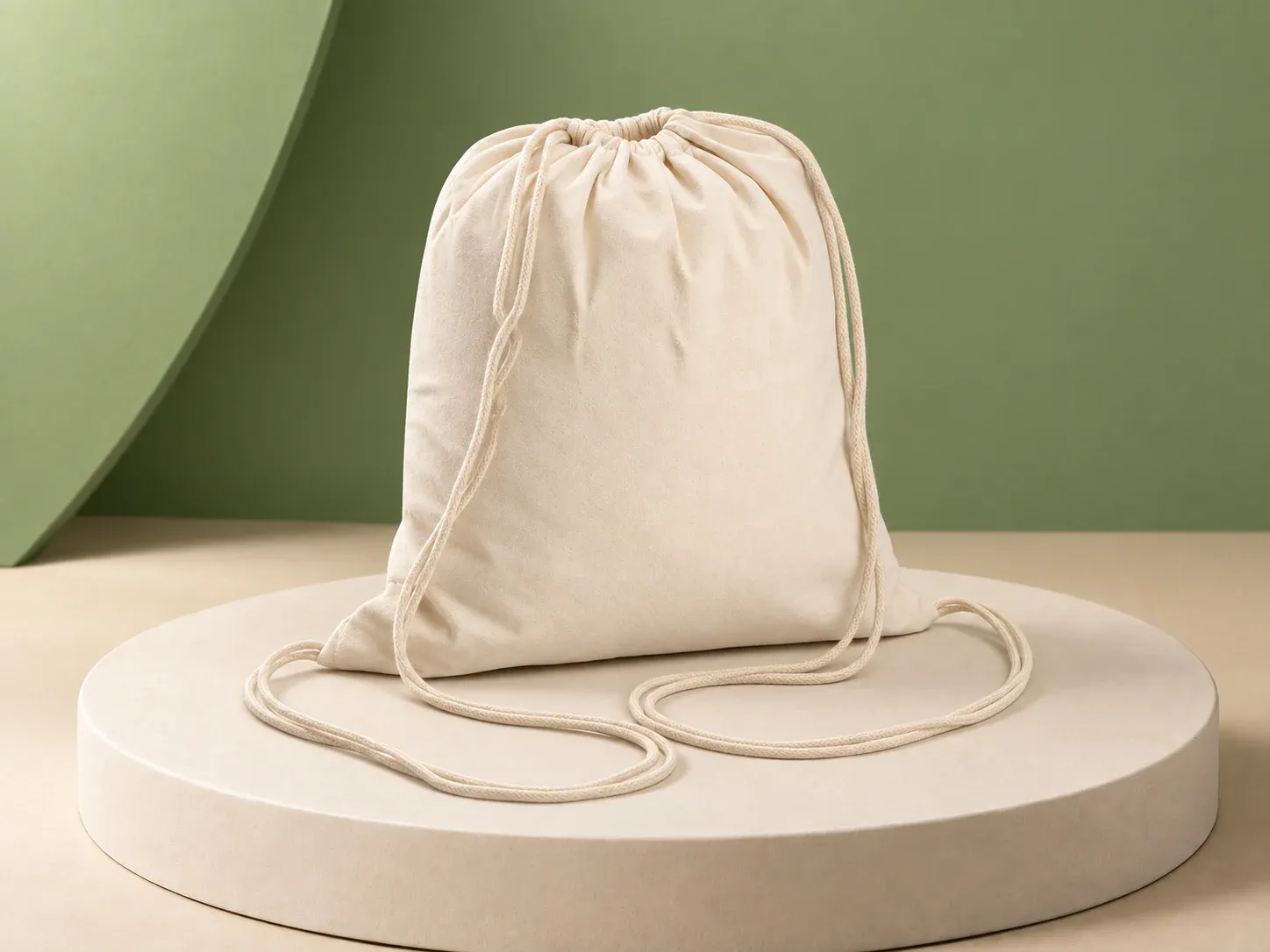 Mochila saco de algodão cru, na cor cru, sem personalização: mochila saco cor cru com boca franzida e cordões cru longos soltos sobre o pedestal