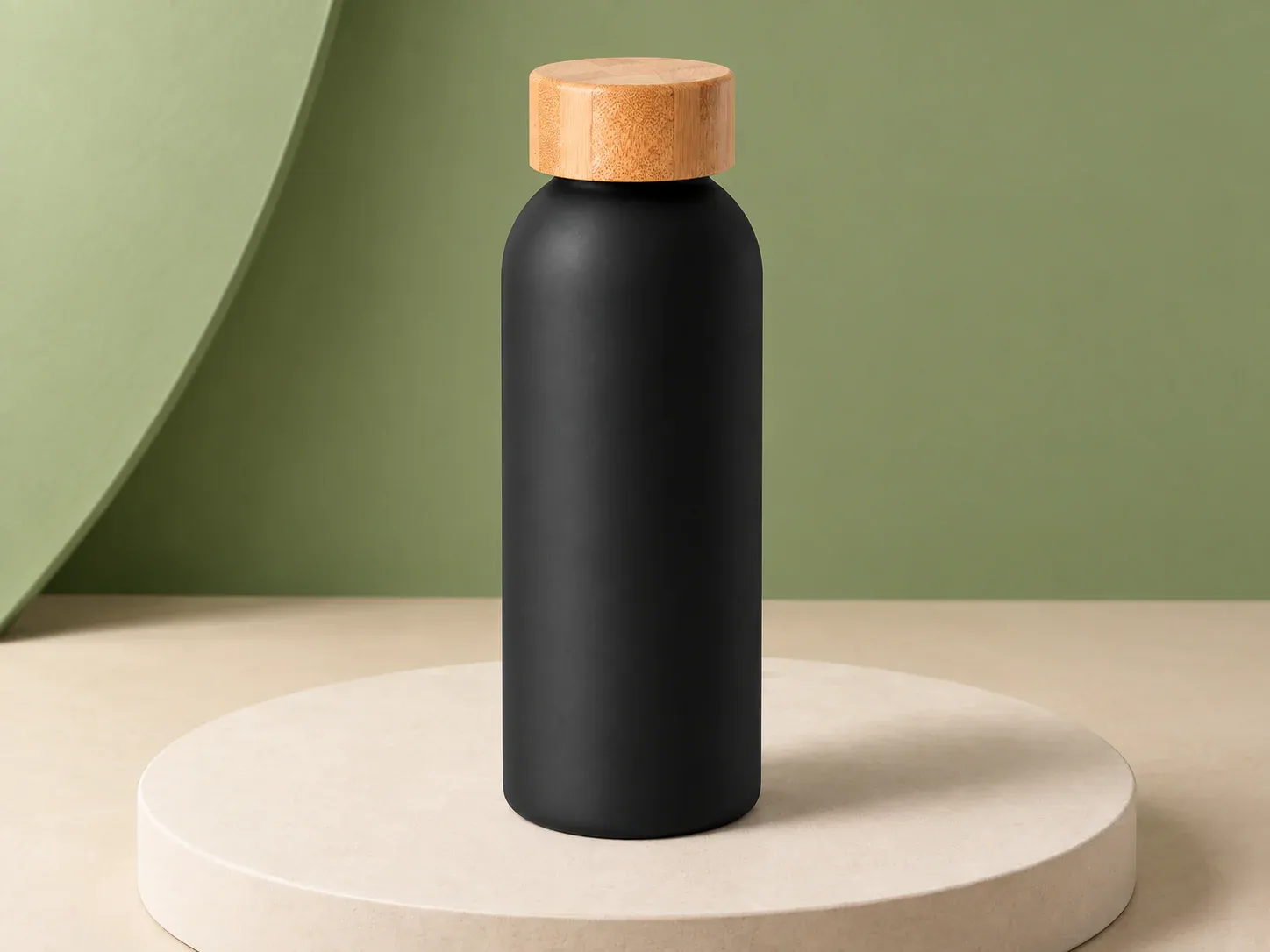 Garrafa de alumínio 550 ml com tampa de bambu, na cor preto, sem personalização: garrafa preta fosca de ombros arredondados com tampa cilíndrica larga em tom natural de madeira clara