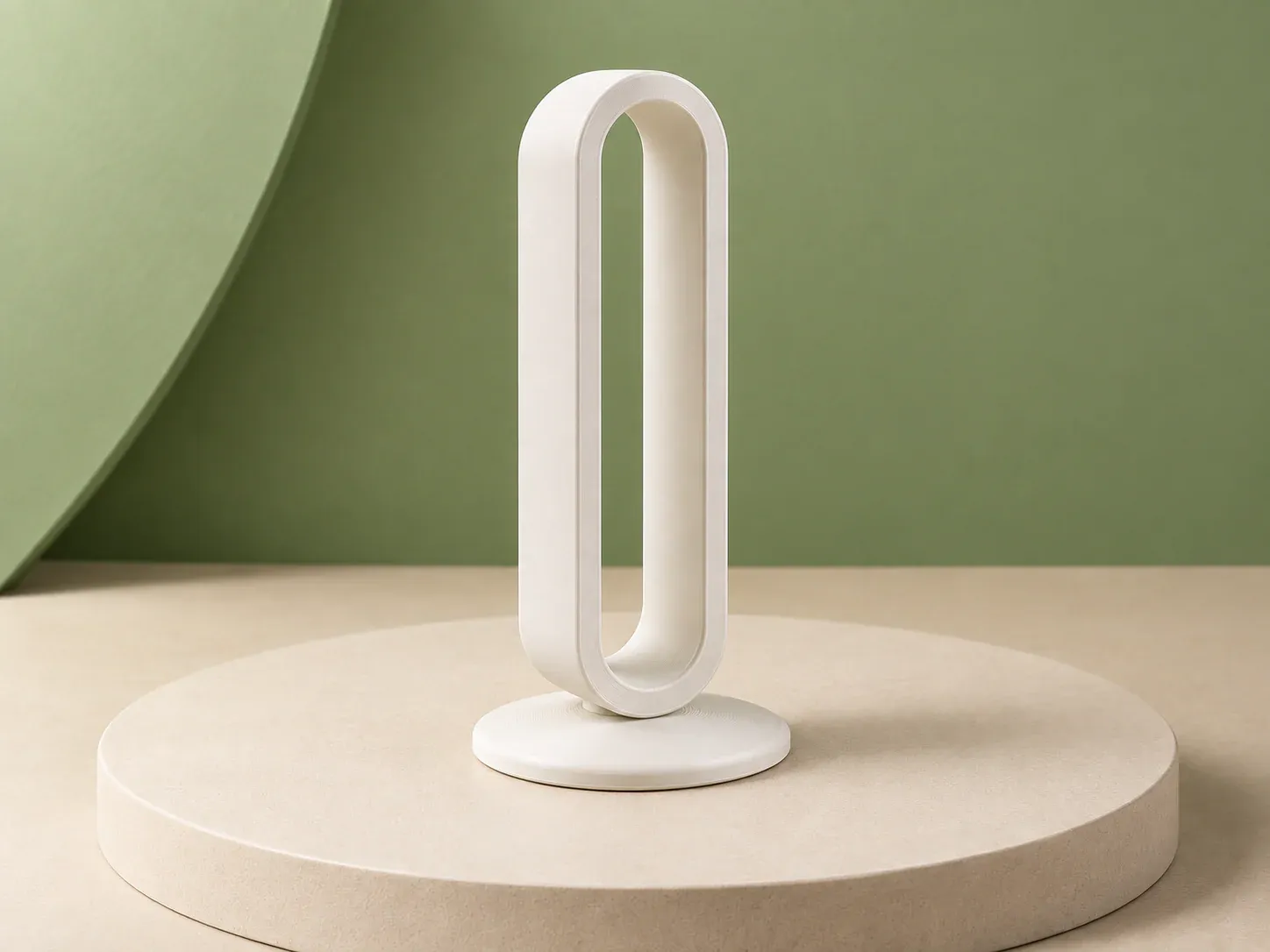 Suporte para headset com arco oval, na cor branco, sem personalização: suporte branco para headset com arco oval vazado vertical sobre base redonda