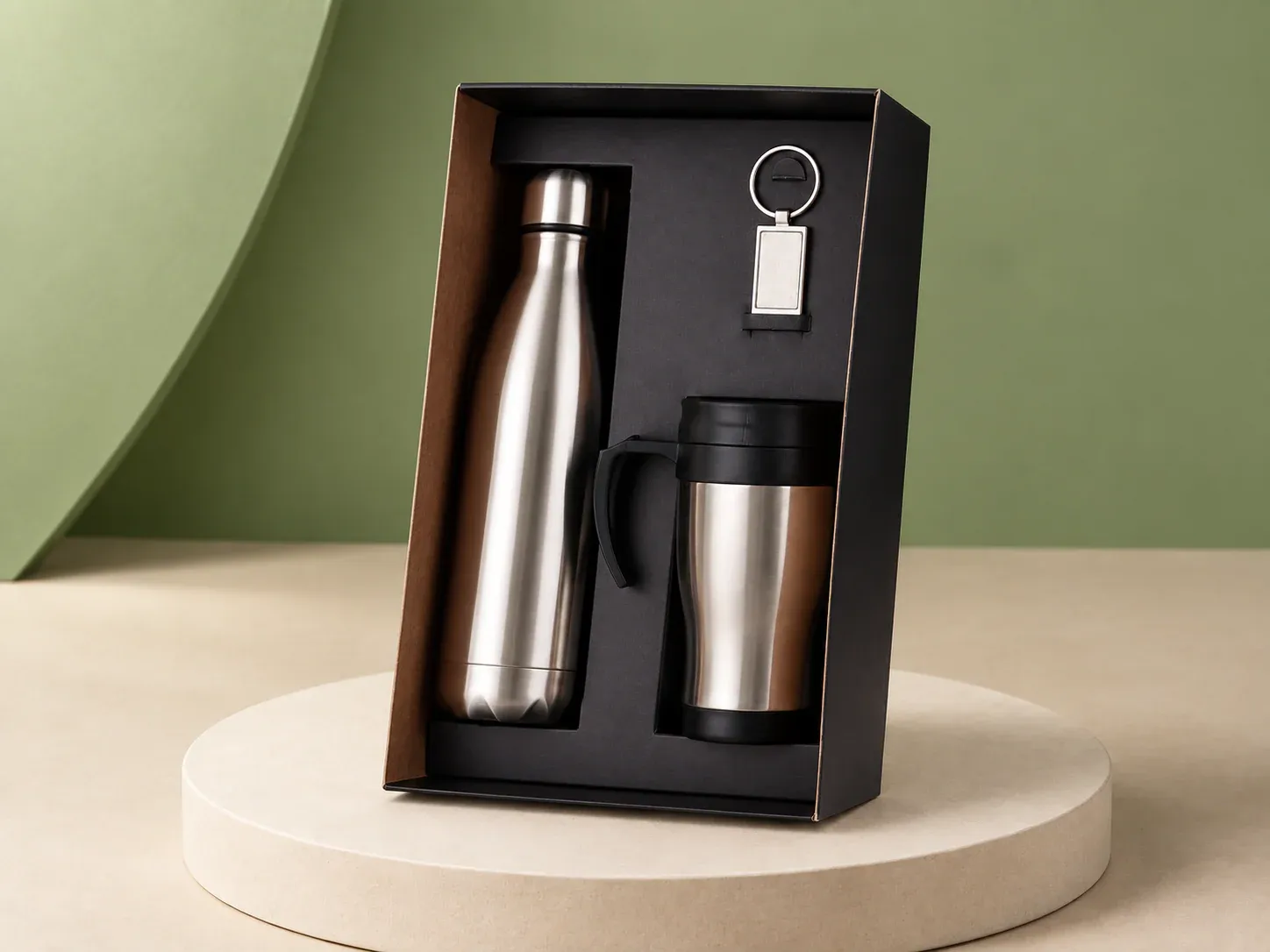 Kit com garrafa, caneca e chaveiro, sem personalização: caixa preta com garrafa metálica, caneca metálica com alça e tampa pretas e chaveiro retangular metálico