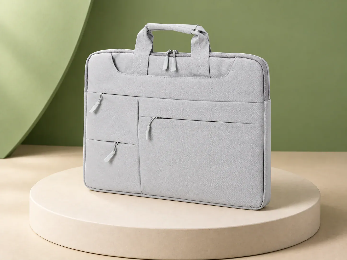 Pasta para notebook 15,6″ com quatro bolsos, na cor cinza-claro, sem personalização: pasta cinza-clara com alças de mão, zíper duplo no topo e quatro bolsos frontais com zíper