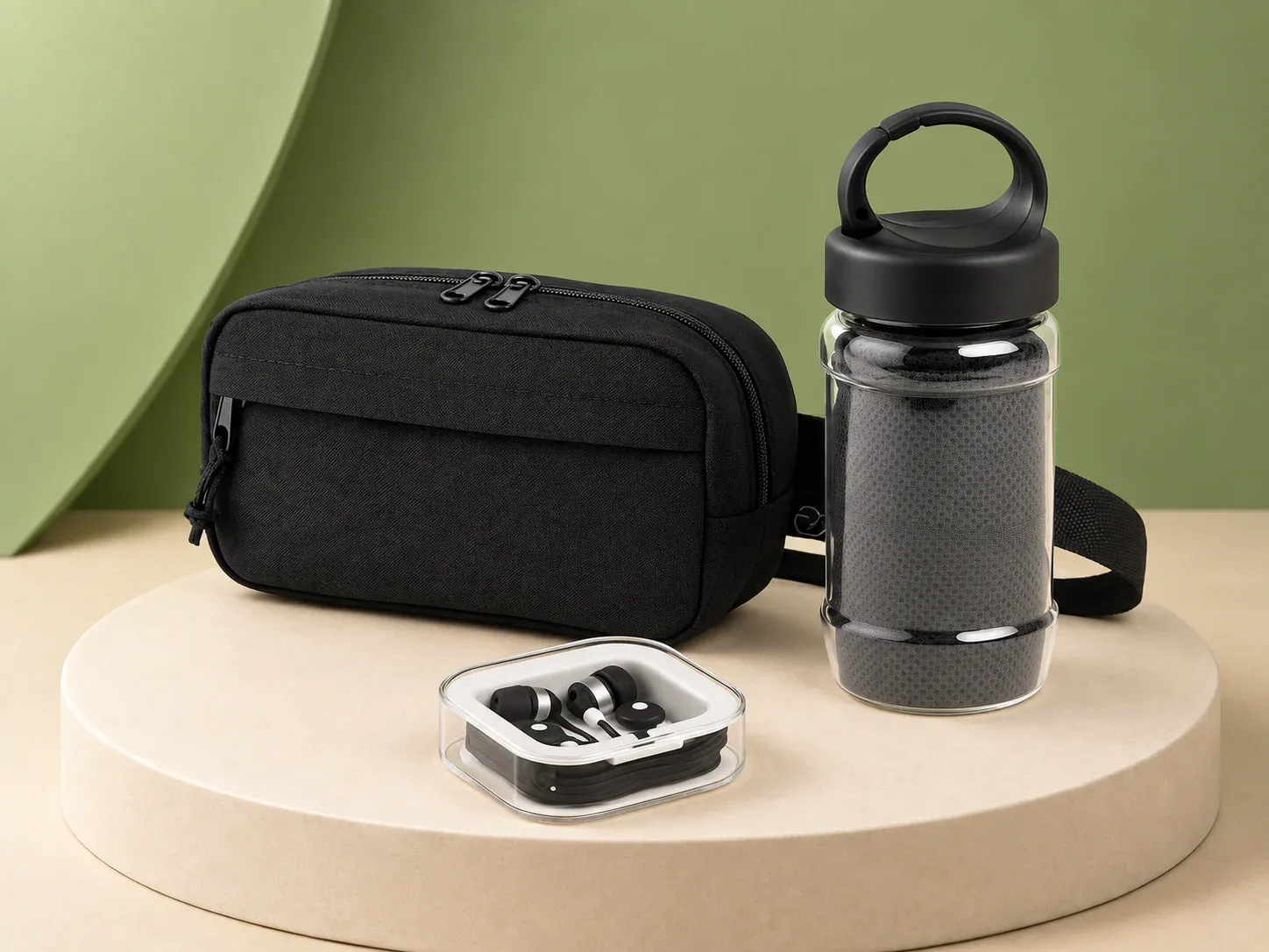Kit fitness com pochete, garrafa, toalha esportiva e fone de ouvido, sem personalização