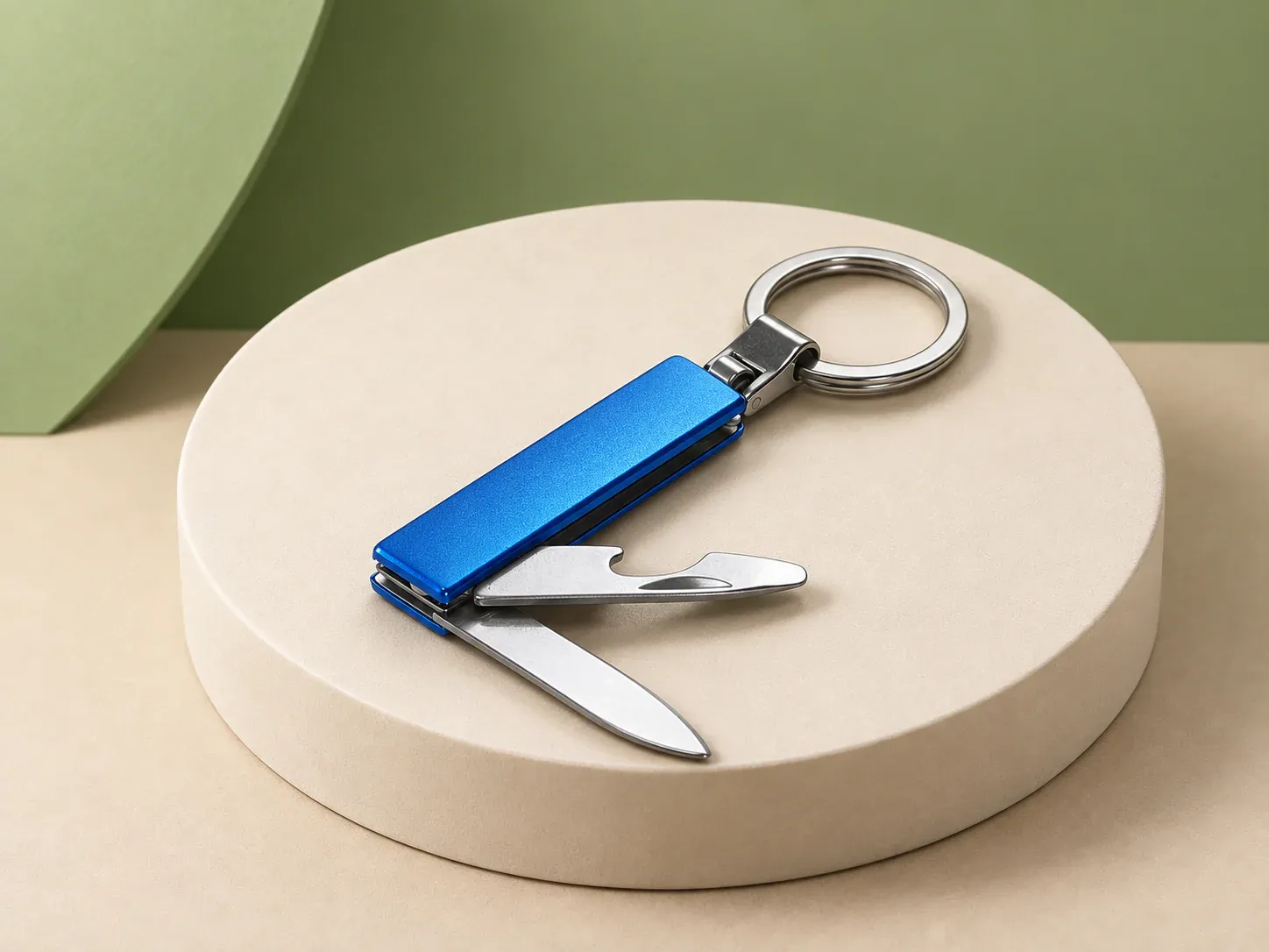 Chaveiro multifunções de aço inox, na cor azul, sem personalização: chaveiro canivete azul de corpo retangular, com lâmina e abridor metálicos abertos e argola metálica com engate