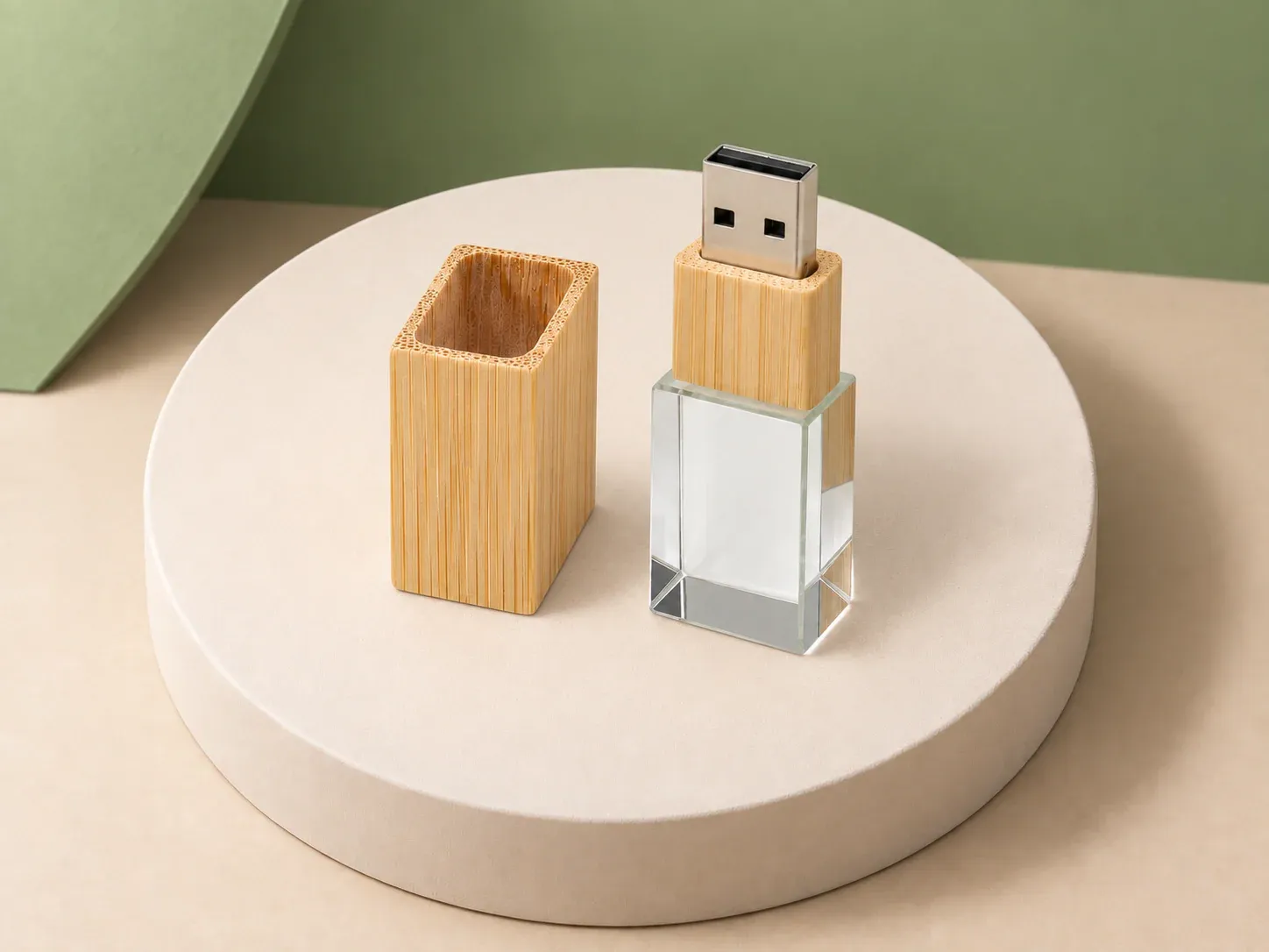 Pen drive de acrílico e bambu, sem personalização: pen drive com bloco transparente e topo em tom natural, ao lado de tampa retangular em tom natural