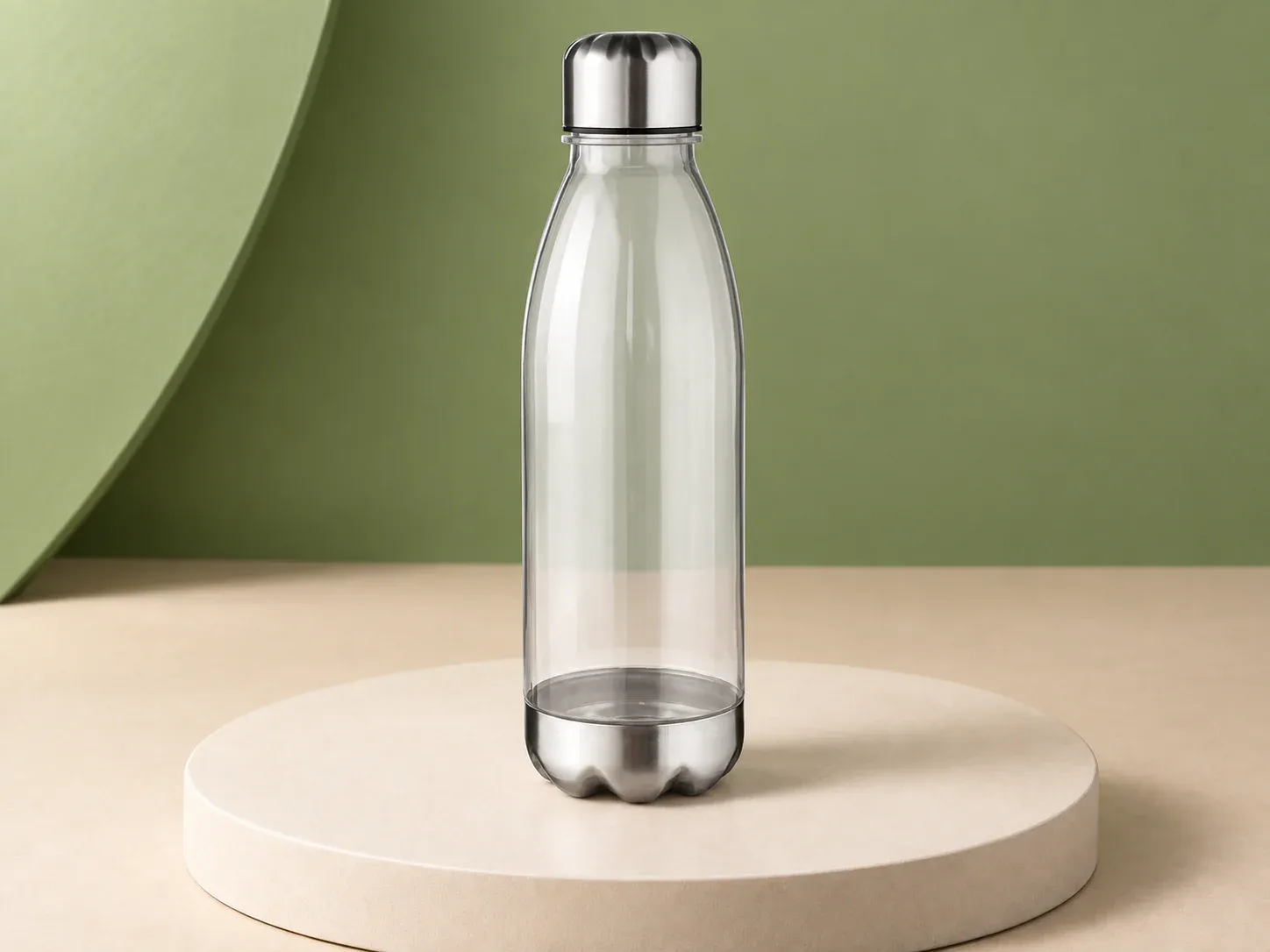 Garrafa 700 ml com tampa e base metálicas, na cor transparente, sem personalização: garrafa translúcida de gargalo curvo com tampa metálica e base metálica com relevo