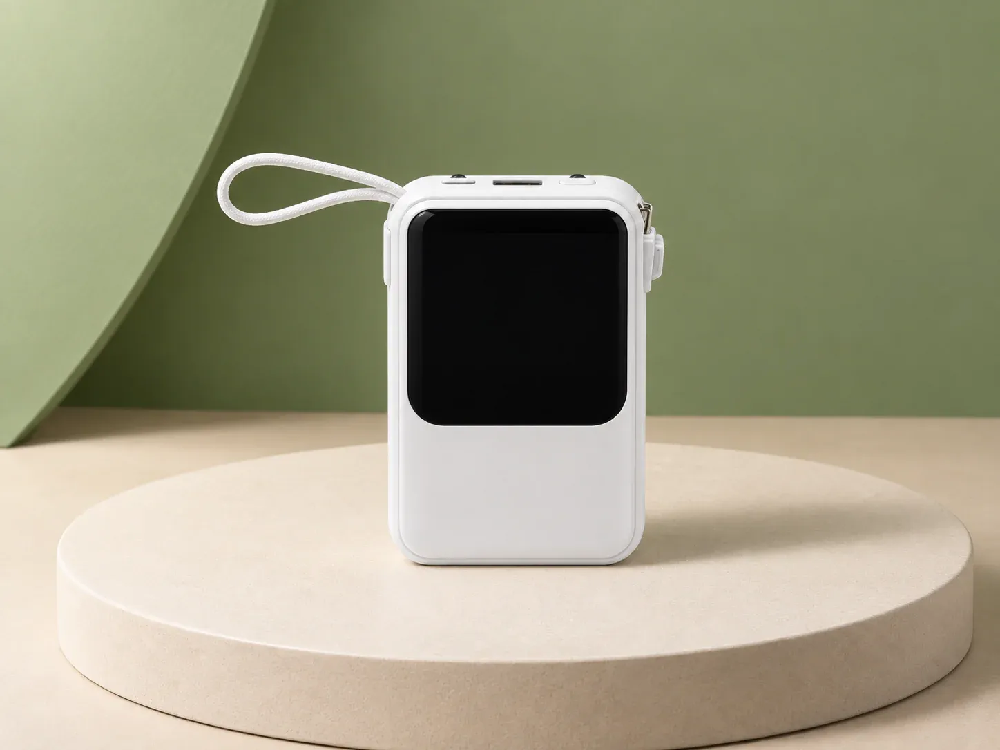 Power bank 10.000 mAh com cabos e alça, na cor branco, sem personalização: carregador portátil branco retangular com visor preto na frente, conectores nas laterais e alça em laço no topo