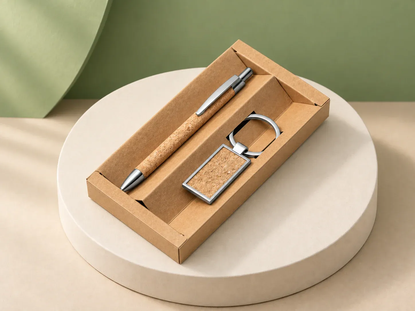 Kit caneta e chaveiro de cortiça, na cor marrom-claro, sem personalização: caixa parda aberta com caneta de corpo bege granulado e detalhes metálicos e chaveiro retangular com moldura metálica e centro bege granulado