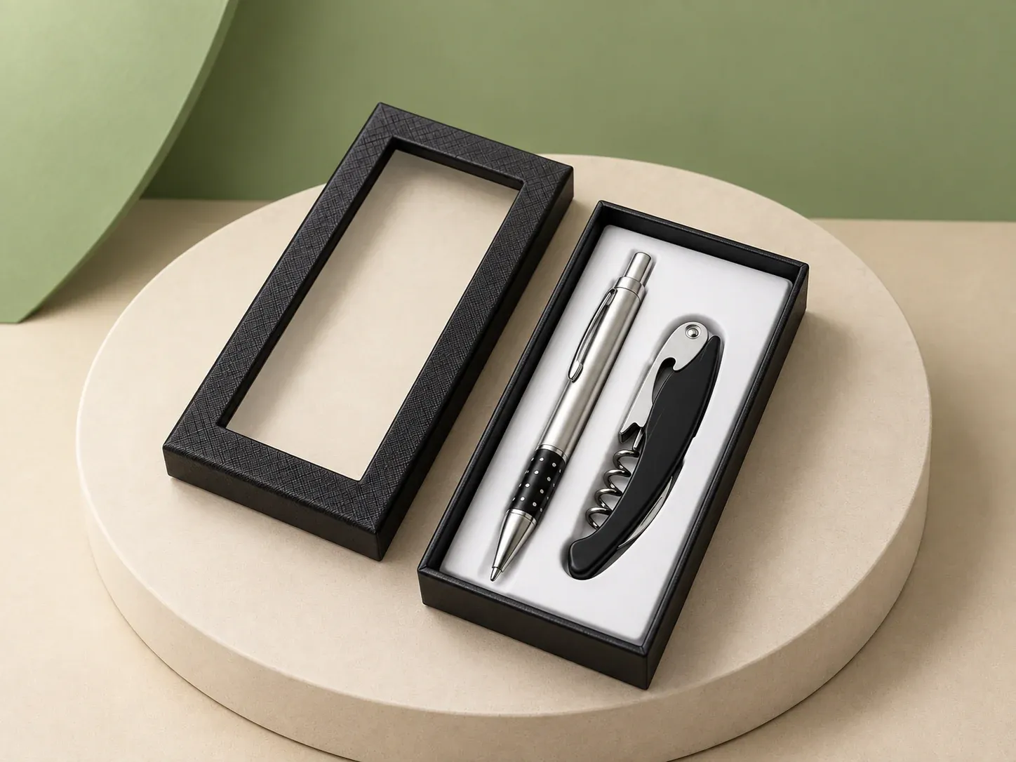Kit caneta e saca-rolhas, na cor preto, sem personalização: caixa preta com tampa de visor, caneta prateada com empunhadura preta pontilhada e saca-rolhas preto com espiral
