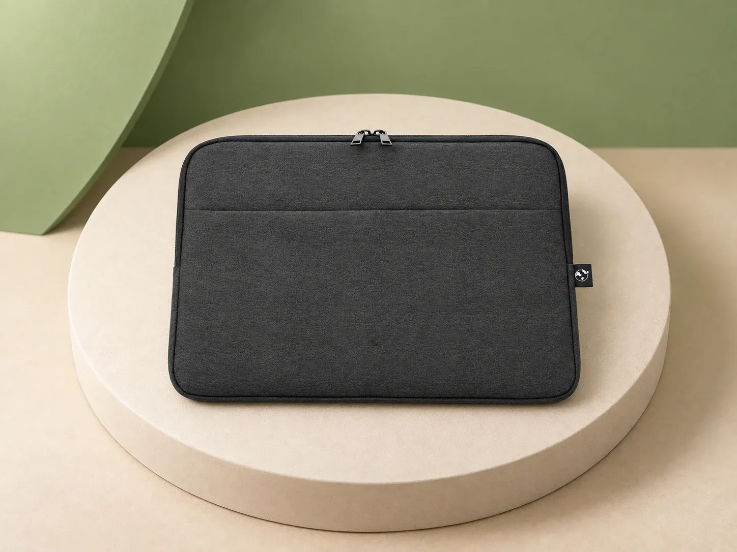 Capa para notebook 14″, na cor grafite, sem personalização: capa retangular grafite mesclada com zíper duplo no topo, bolso frontal e pequena etiqueta lateral preta com ícone de globo