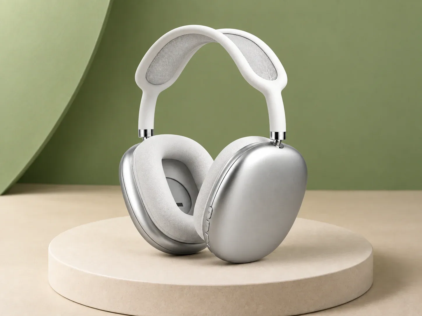 Headphone bluetooth com conchas metalizadas, na cor prata, sem personalização: headphone com conchas prateadas arredondadas, almofadas e arco brancos e botões na lateral da concha