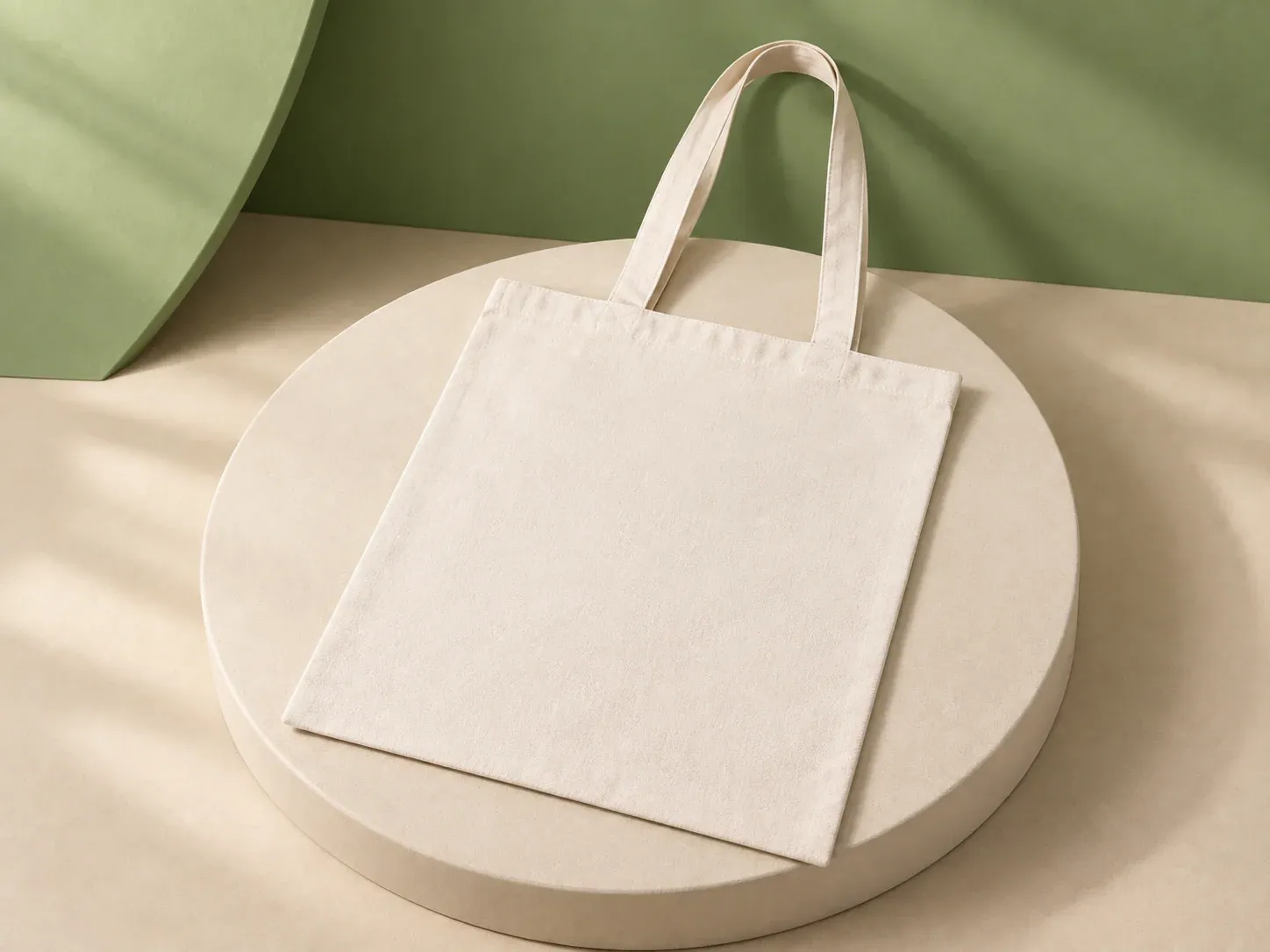 Sacola de algodão cru 140 g/m², na cor cru, sem personalização: sacola plana de tecido cru com alças longas, deitada sobre o pedestal