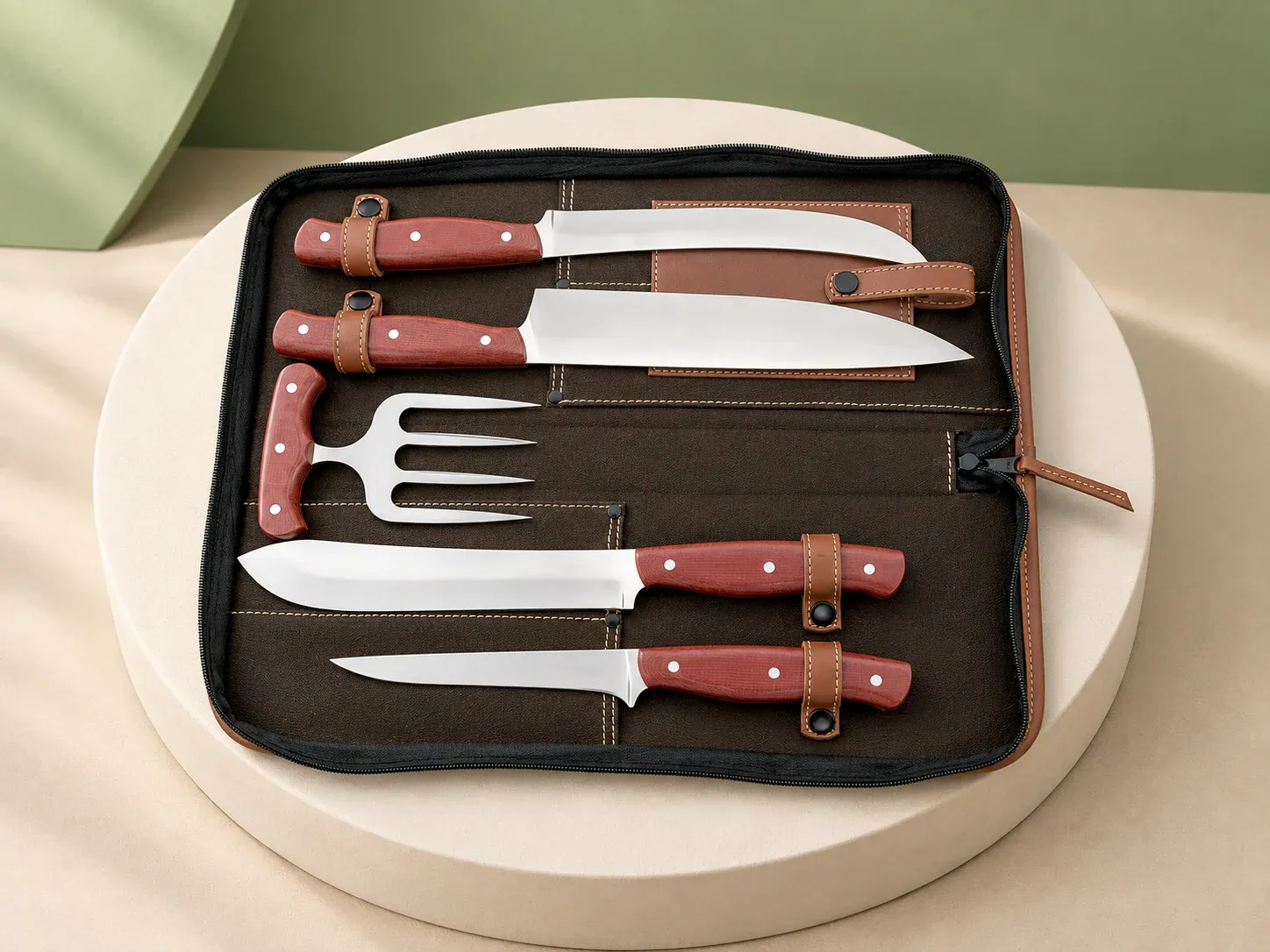 Kit churrasco com facas, garfo e estojo com zíper, na cor vermelho, sem personalização: estojo marrom-escuro com zíper, aberto, com quatro facas e um garfo trinchante de cabos vermelhos presos por presilhas