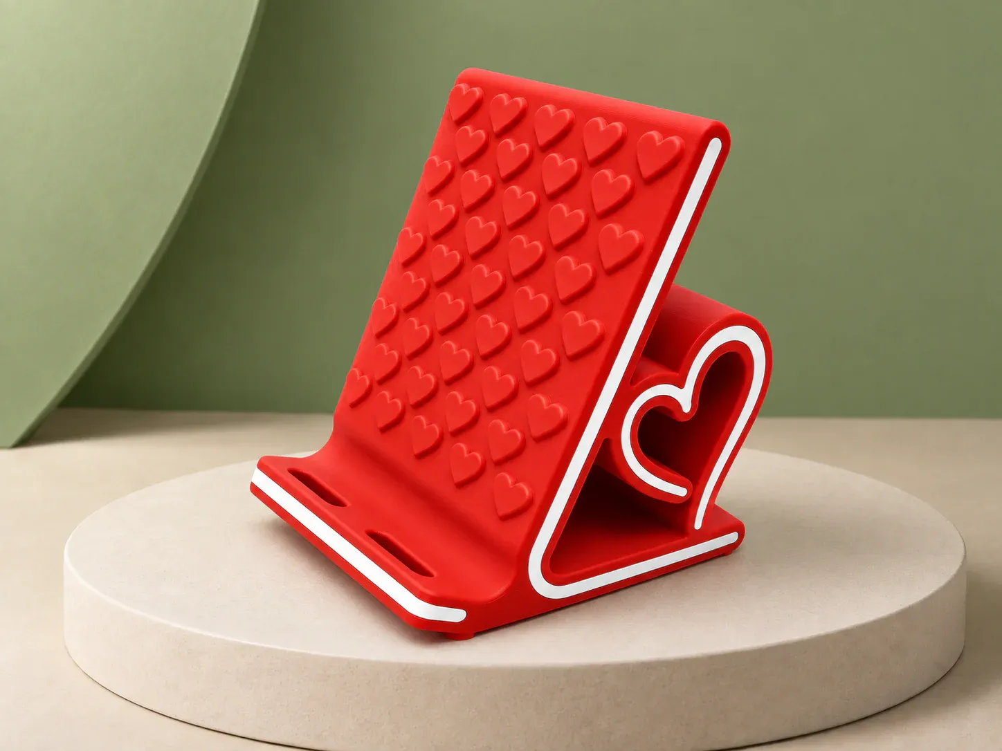 Suporte para celular com corações, na cor vermelho, sem personalização: suporte para celular vermelho com corações em relevo no encosto, filete branco na borda e coração vazado na lateral