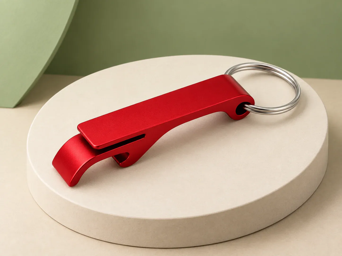 Chaveiro abridor de garrafa, na cor vermelho, sem personalização: chaveiro abridor de garrafa alongado em vermelho acetinado, com argola prateada
