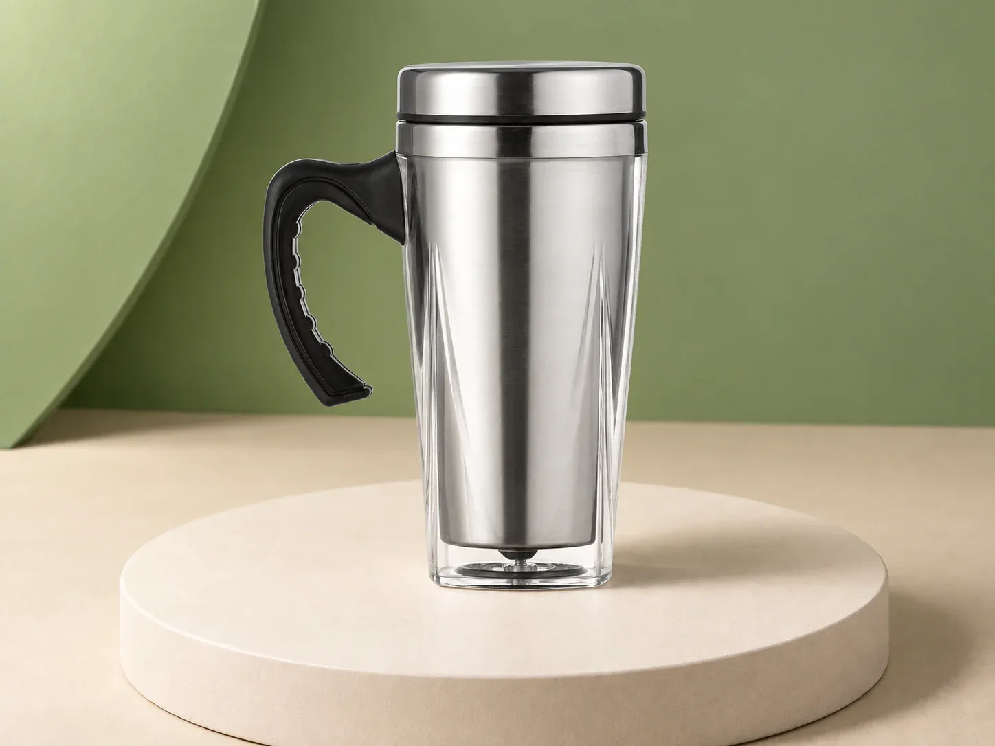Caneca de viagem 450 ml com tampa, na cor prata, sem personalização: caneca de viagem de corpo cônico, com parede externa transparente sobre miolo metálico escovado, tampa metálica e alça preta anatômica