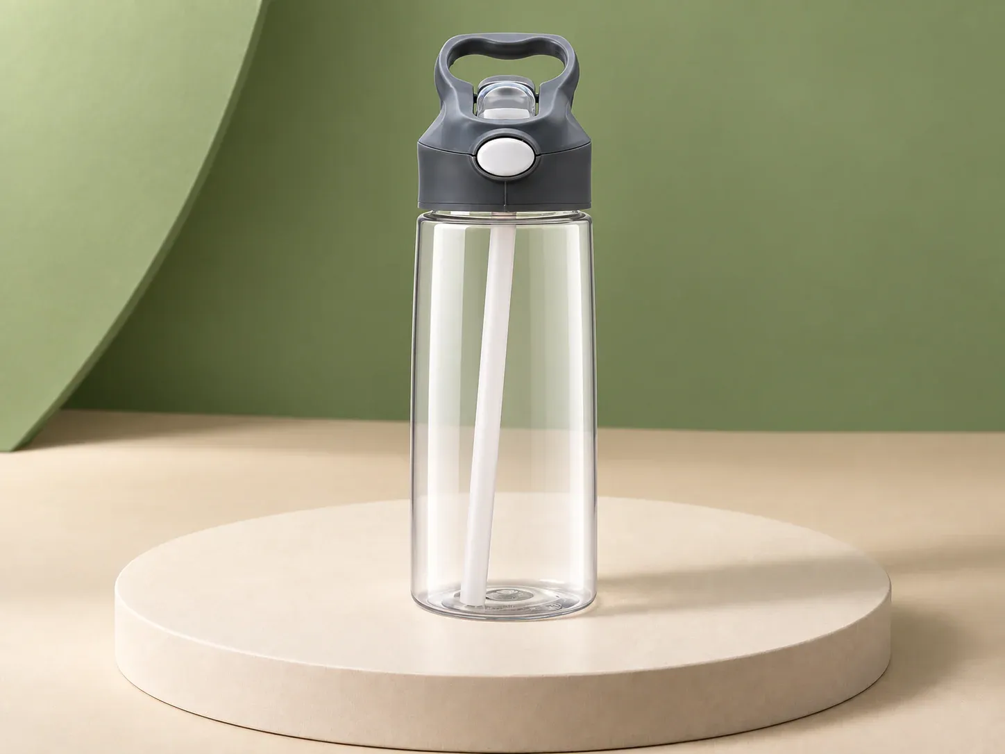 Squeeze 650 ml com botão e canudo, na cor transparente, sem personalização: squeeze transparente levemente cônico com canudo interno e tampa cinza-grafite com botão branco e alça