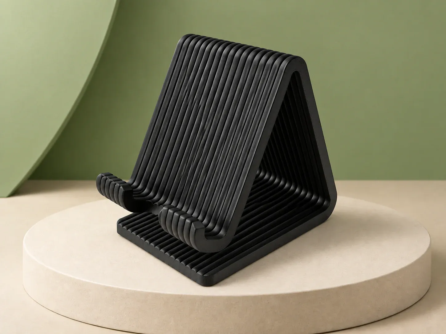 Suporte para celular ripado, na cor preto, sem personalização: suporte para celular preto em formato de triângulo, feito de lâminas ripadas, com apoio curvo na frente