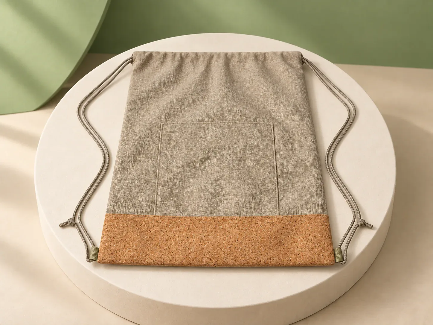 Mochila saco com bolso e base de cortiça, na cor bege, sem personalização: mochila saco bege com bolso frontal costurado, faixa inferior caramelo texturizada e cordões bege