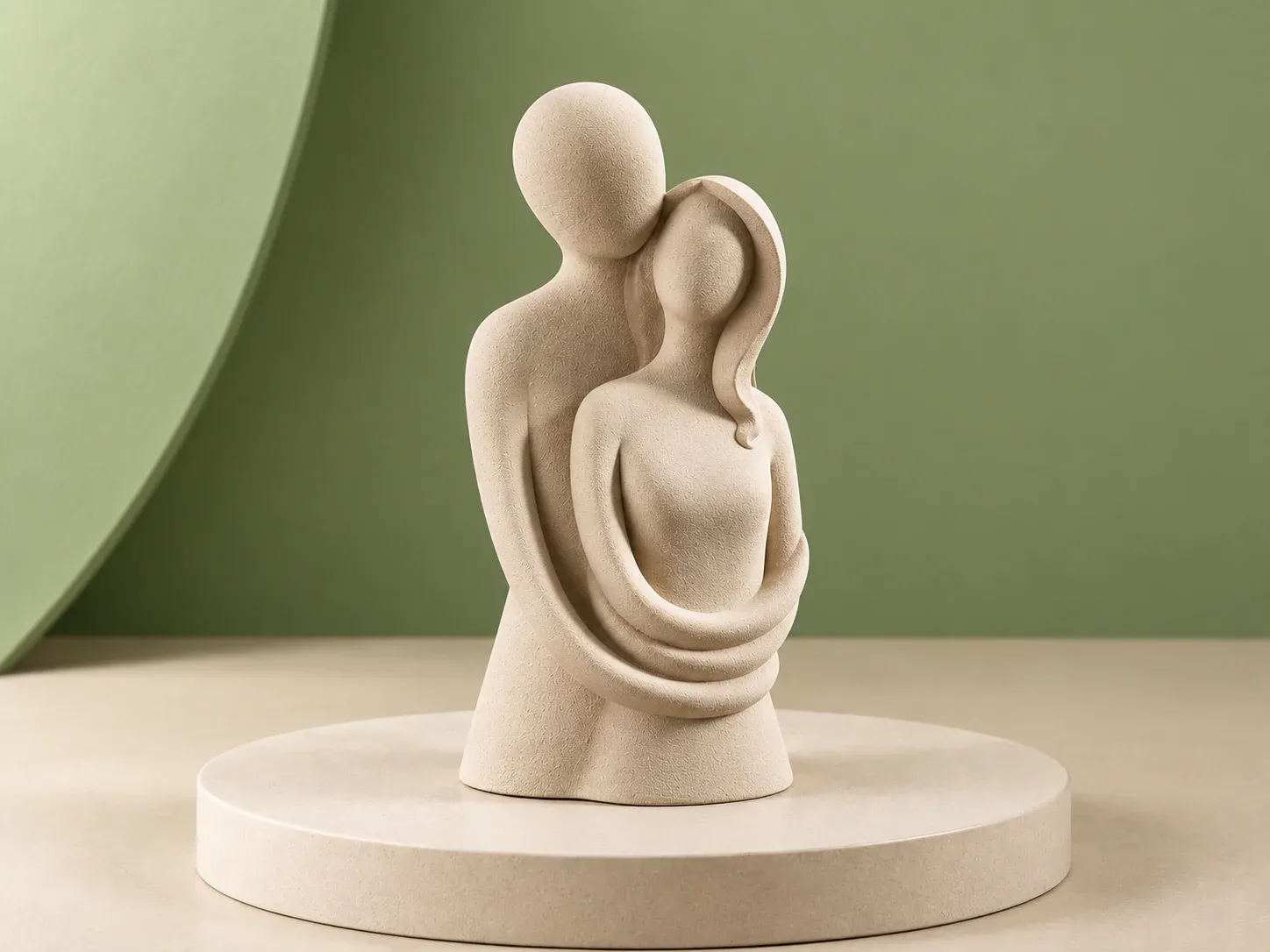 Escultura de casal abraçado, na cor bege, sem personalização: escultura bege de casal abraçado em busto, com rostos lisos e traços estilizados
