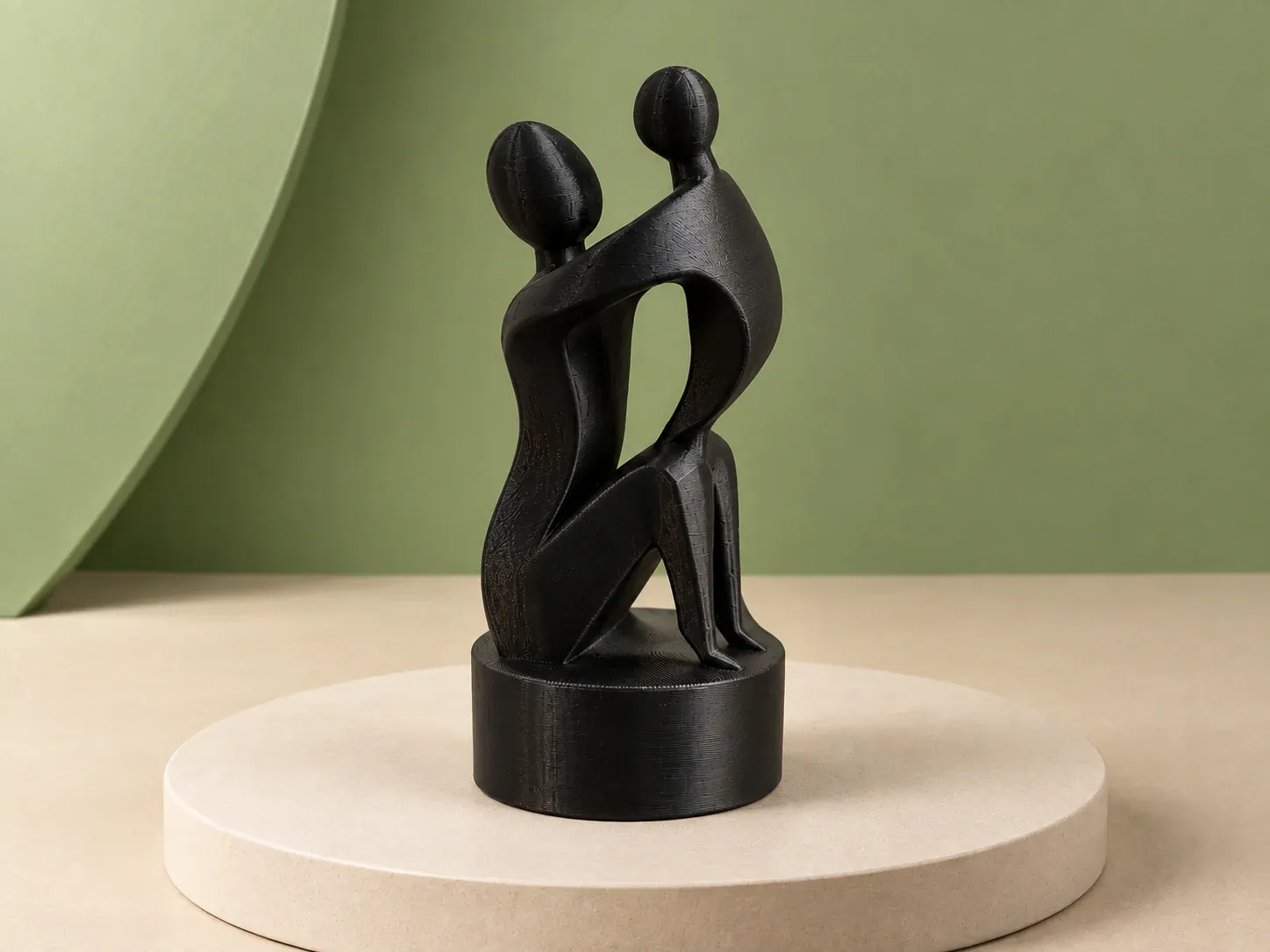 Escultura de casal sobre base, na cor preto, sem personalização: escultura preta de casal estilizado entrelaçado, sentado sobre base cilíndrica