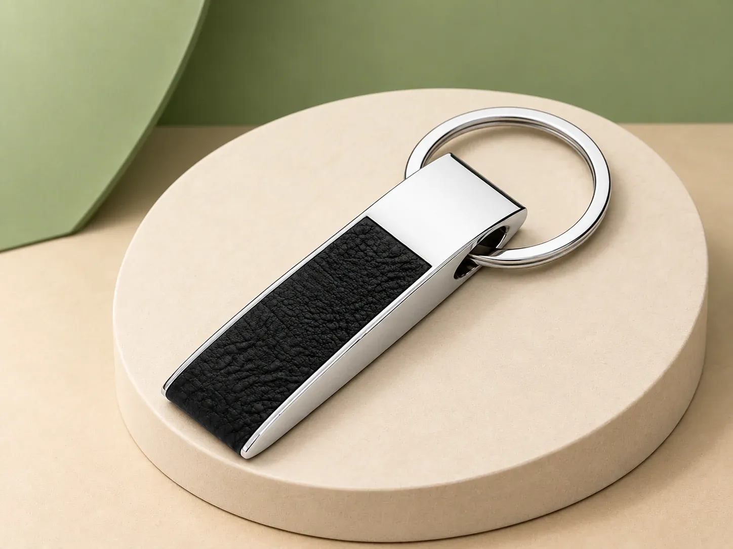Chaveiro em liga de zinco com detalhe em PU e estojo, sem personalização