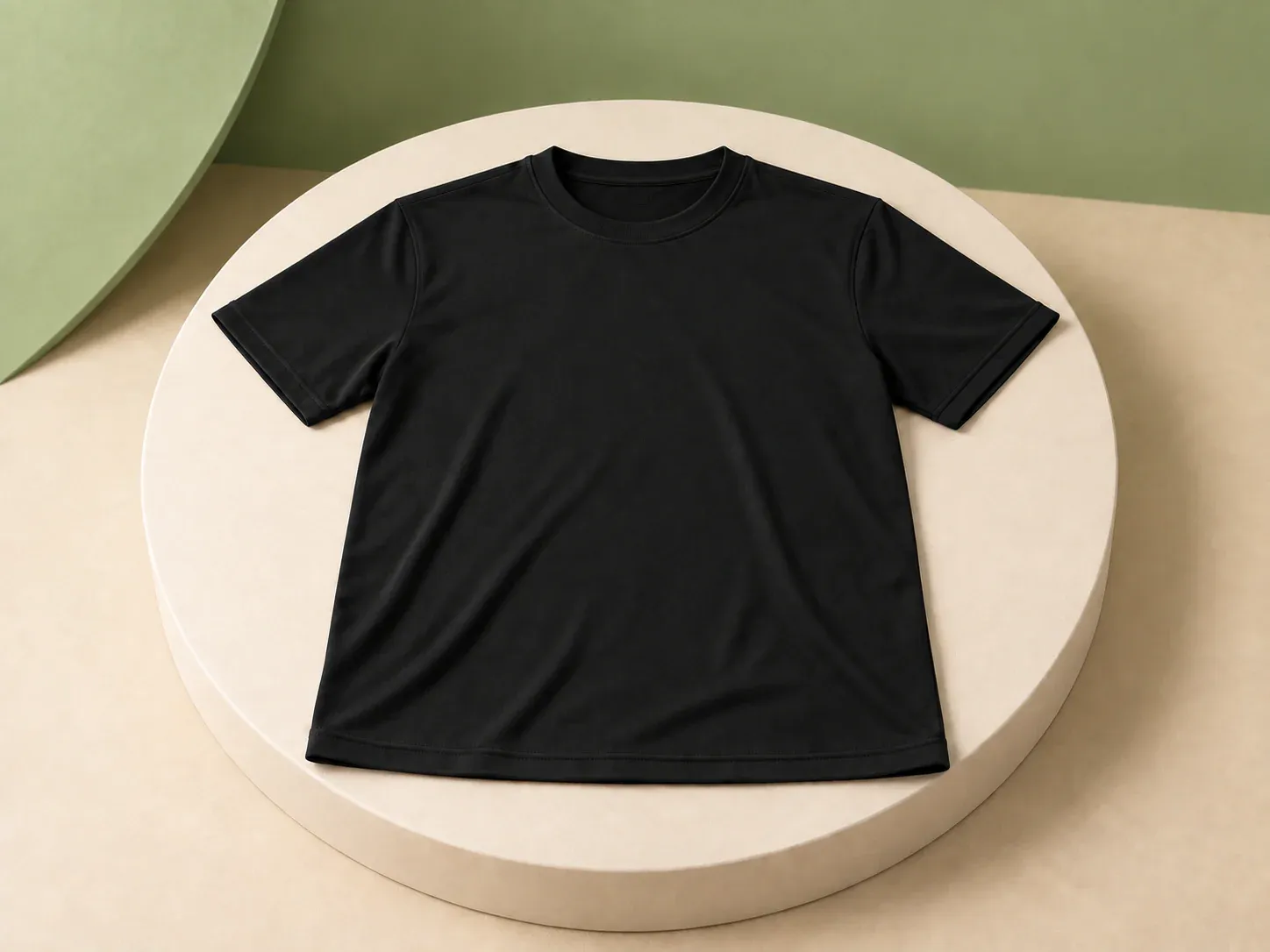 Camiseta preta, na cor preto, sem personalização: camiseta de manga curta preta com gola redonda canelada, estendida sobre pedestal