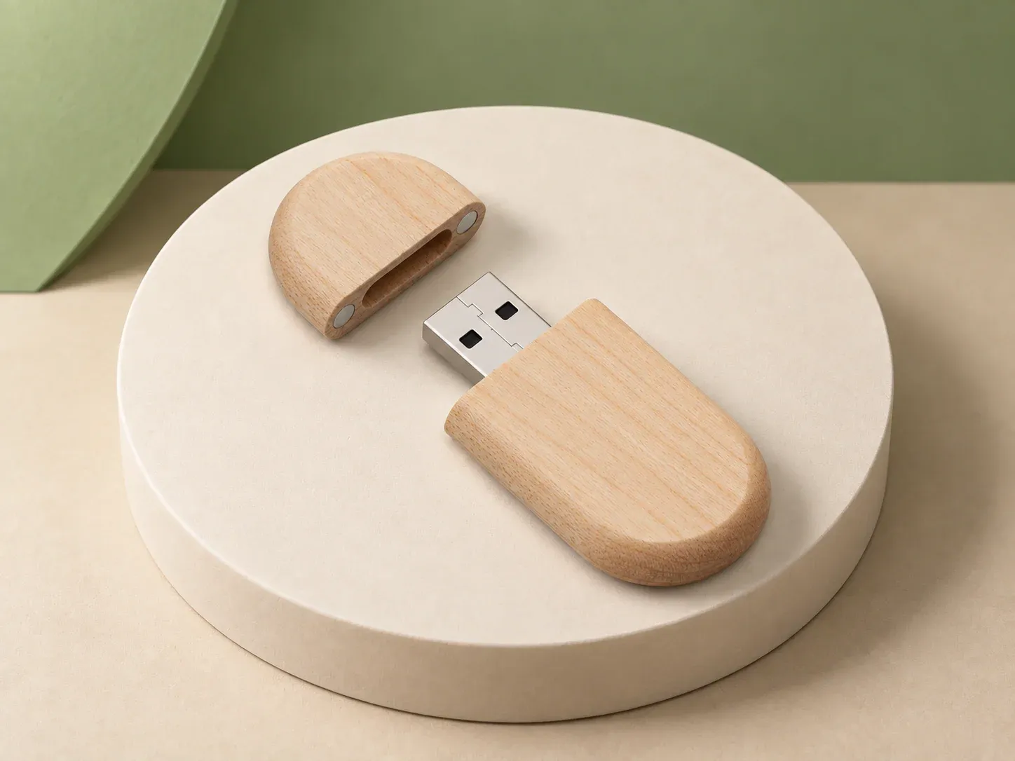 Pen drive de bambu com tampa imantada, na cor bege, sem personalização: pen drive de corpo arredondado em tom natural claro com conector USB exposto e tampa separada com ímãs