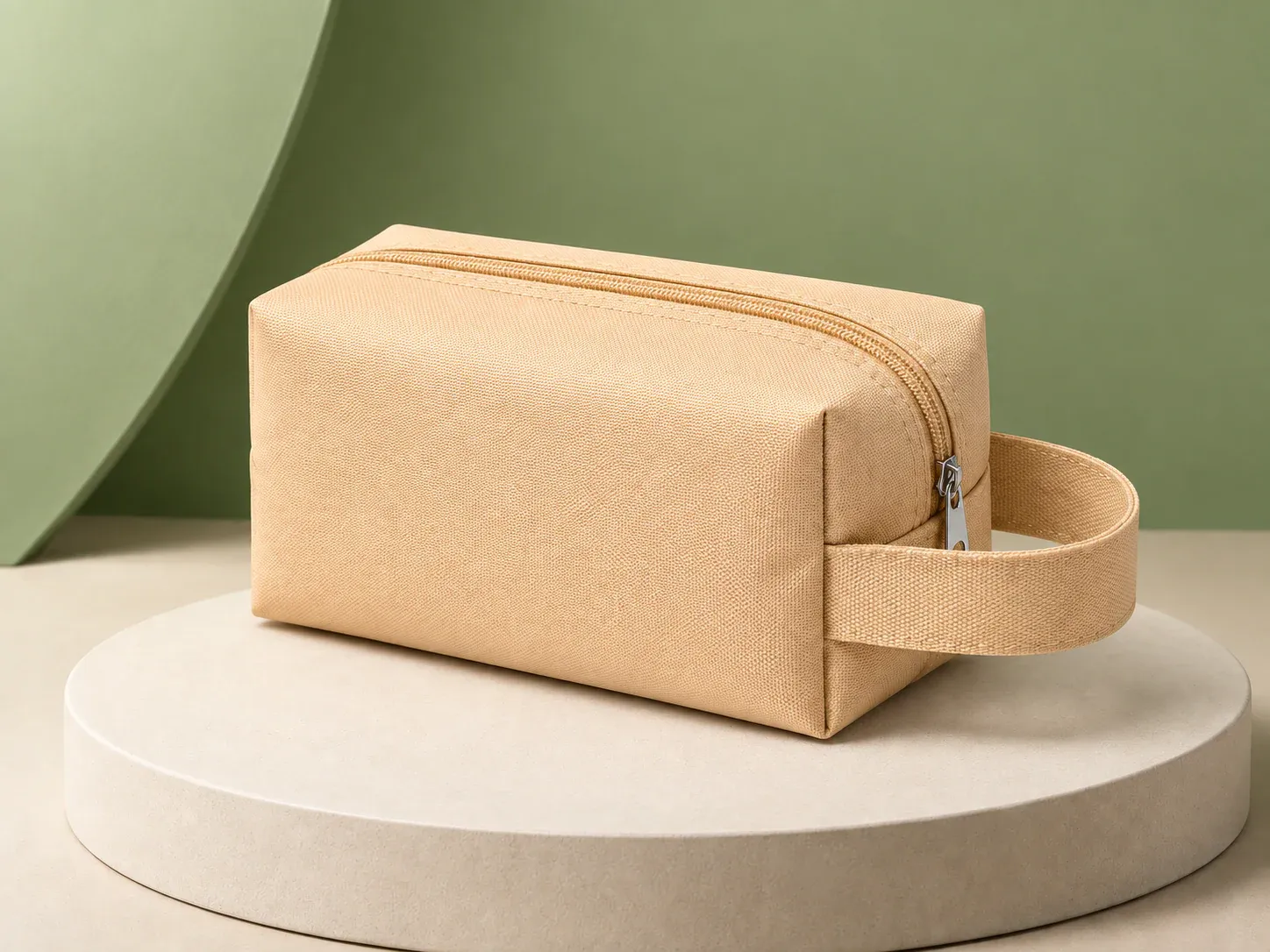 Necessaire com alça lateral, na cor bege, sem personalização: necessaire retangular bege com zíper superior na mesma cor e alça lateral de fita