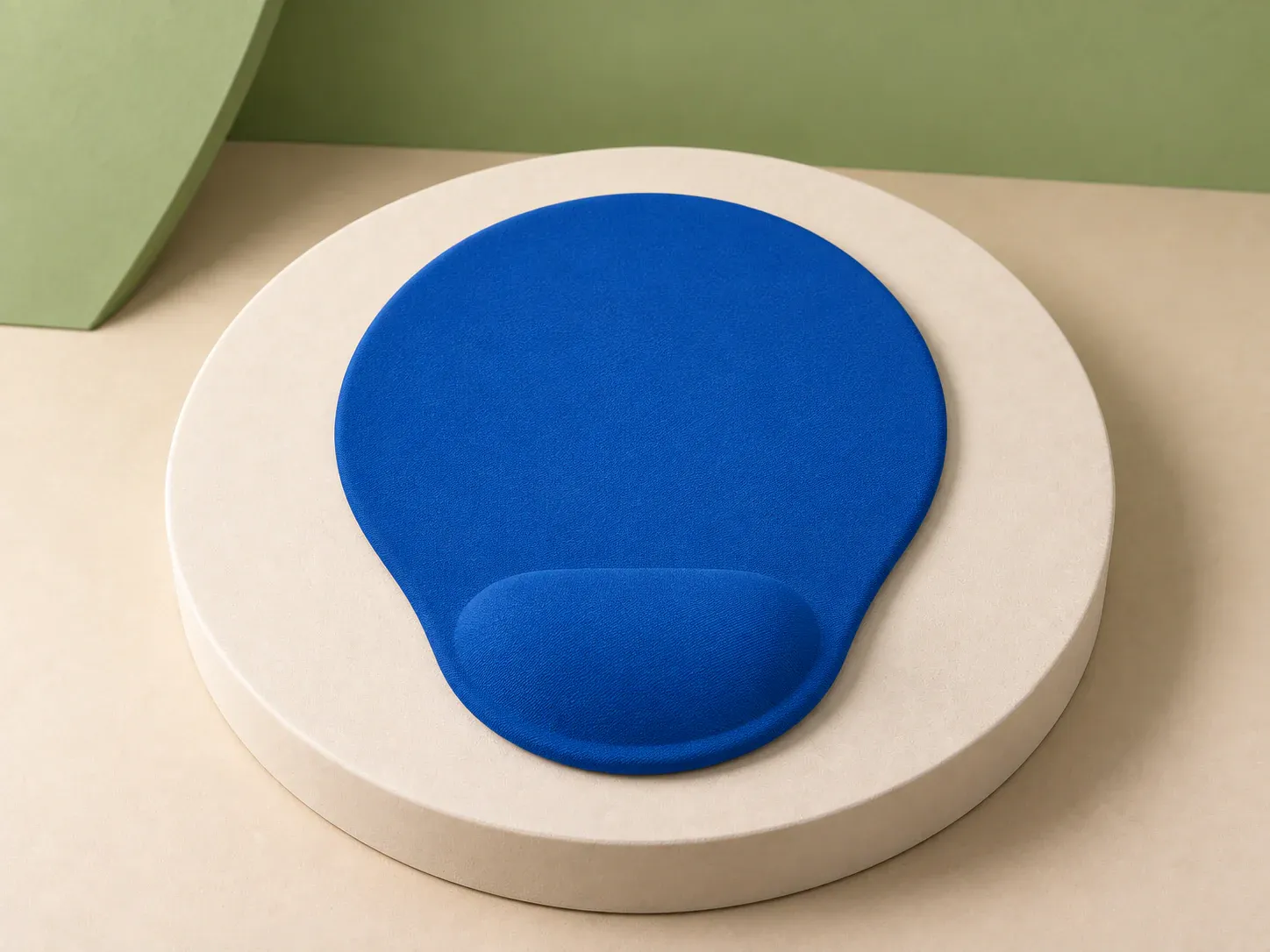 Mouse pad oval com apoio de punho, na cor azul, sem personalização: mouse pad azul arredondado em formato de gota com apoio de punho acolchoado