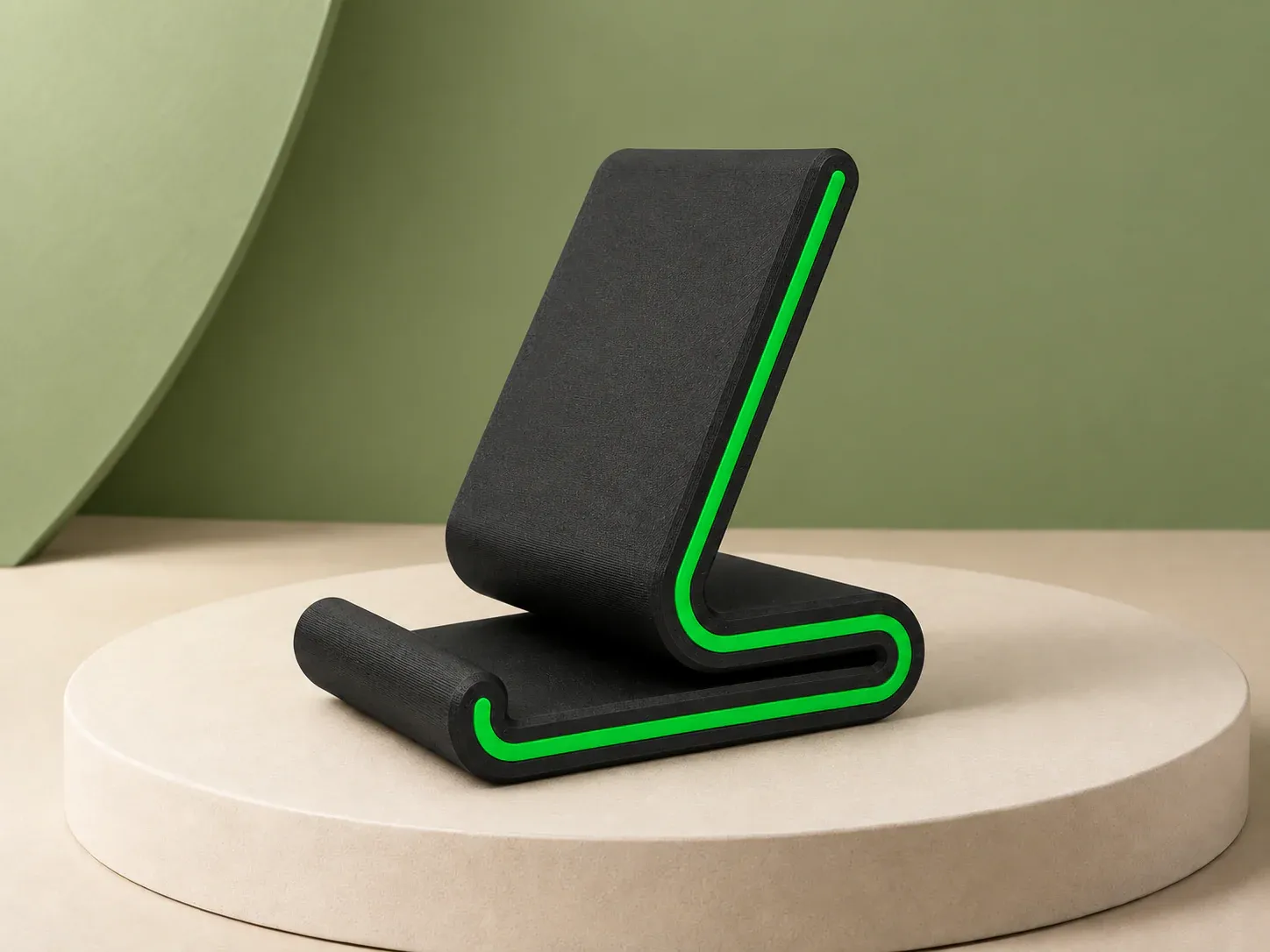 Suporte para celular com filete verde, na cor preto, sem personalização: suporte para celular preto em forma de Z com filete verde neon contornando a lateral