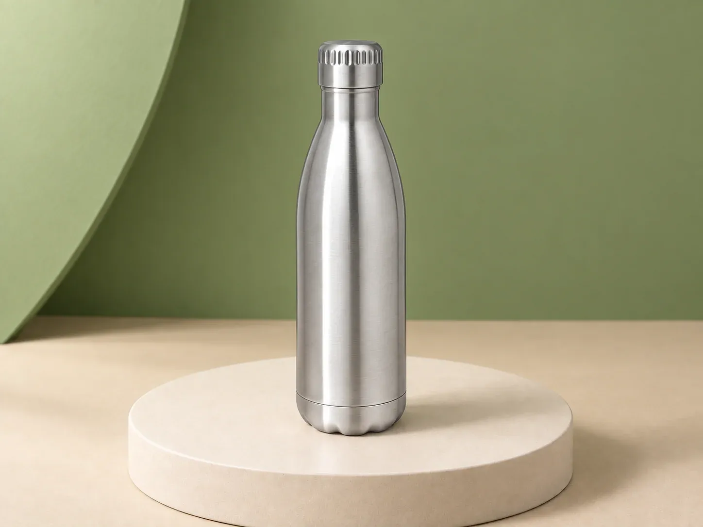 Garrafa térmica inox 800 ml, na cor prata, sem personalização: garrafa de gargalo curvo com acabamento metálico escovado, tampa de rosca serrilhada e base com relevo