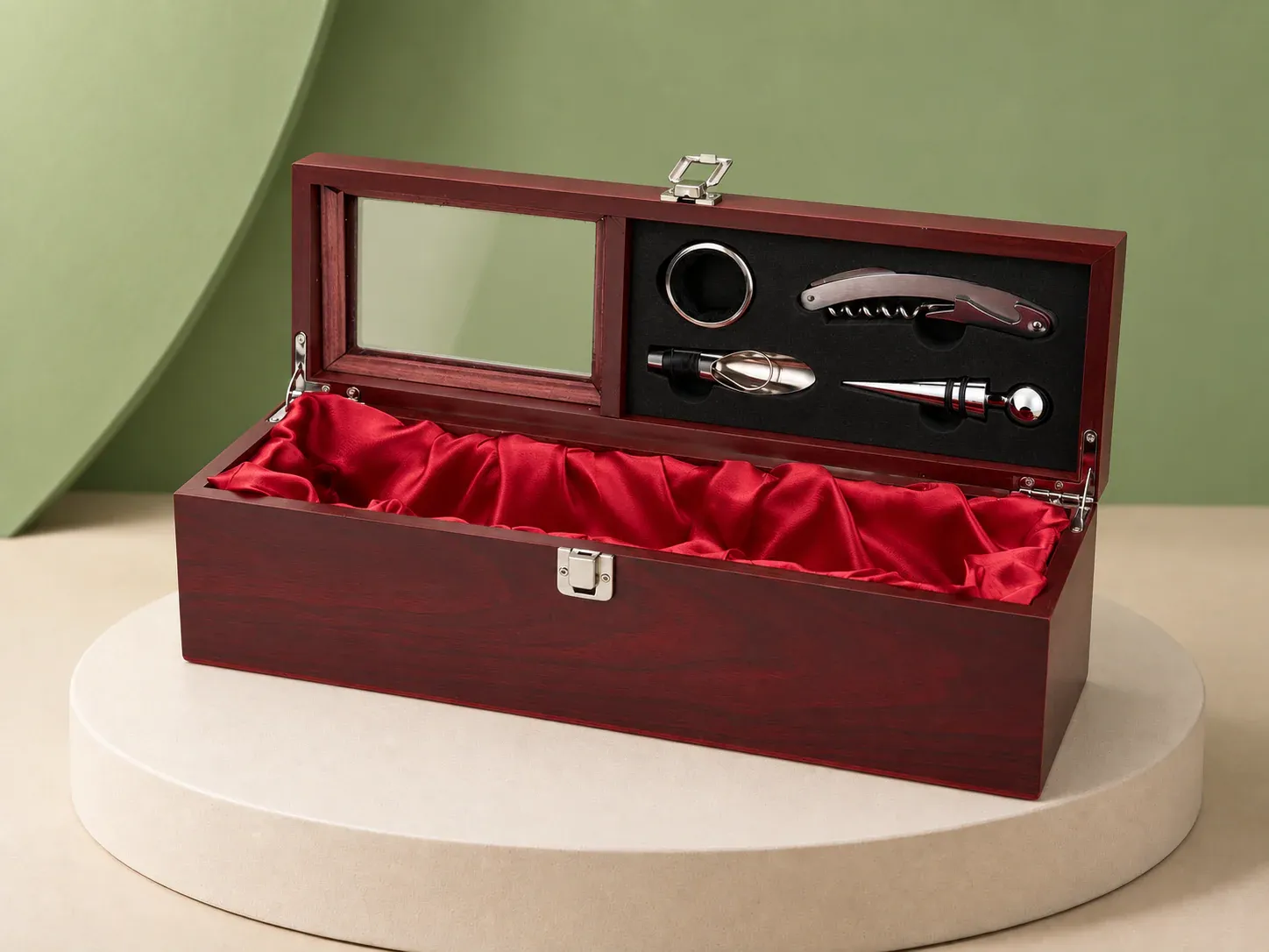 Kit vinho 4 peças em estojo com visor, na cor bordô, sem personalização: caixa retangular bordô com visor transparente na tampa e forro vermelho acetinado, com anel corta-gotas, saca-rolhas, bico dosador e tampa de garrafa