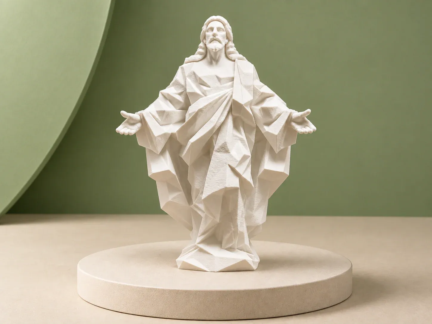 Escultura de Jesus de braços abertos, na cor branco, sem personalização: escultura branca facetada de Jesus de pé, com os braços abertos e manto longo