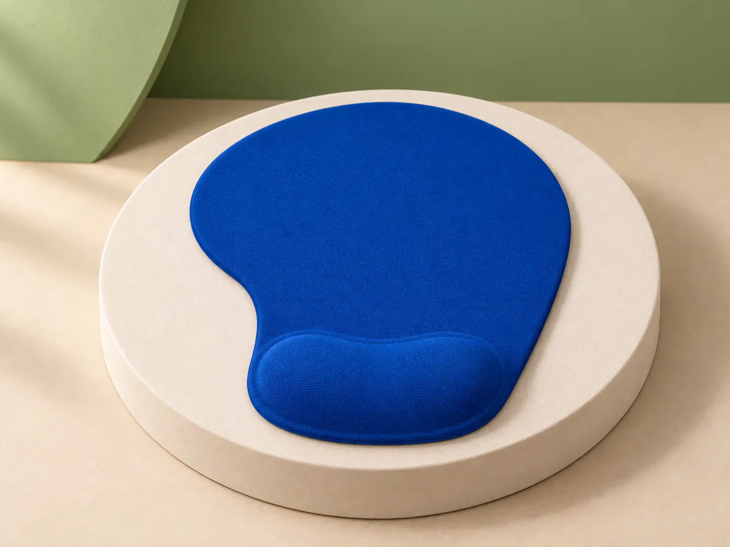Mouse pad com apoio de punho, na cor azul, sem personalização: mouse pad azul de formato orgânico com apoio de punho acolchoado na parte de baixo