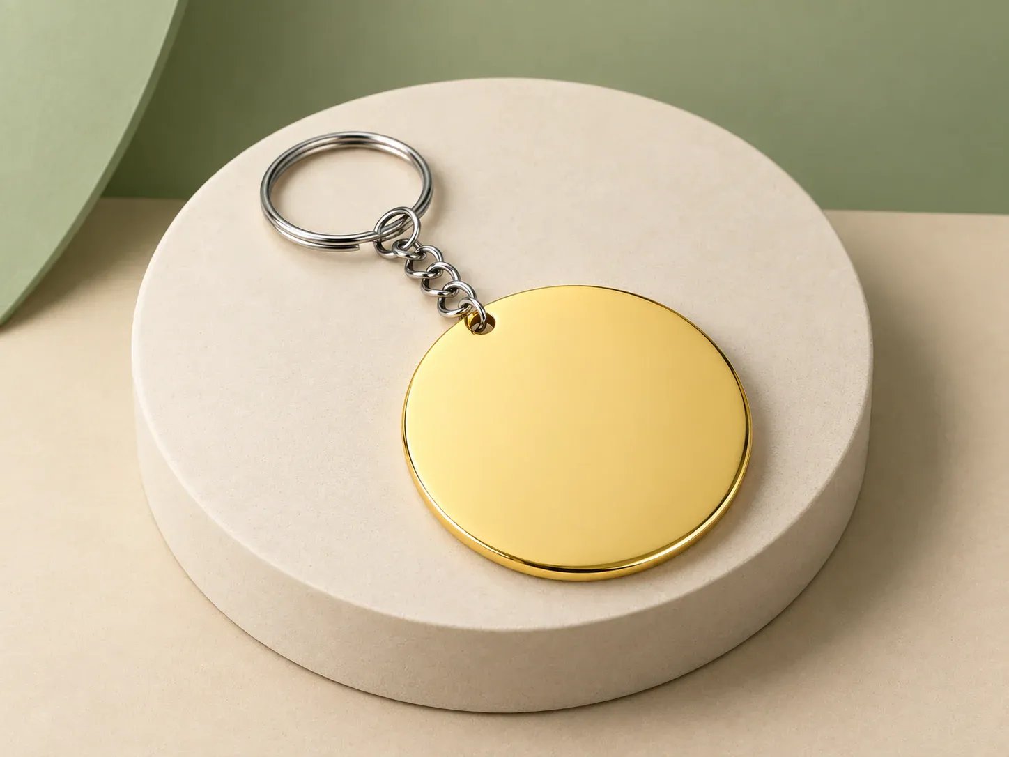 Chaveiro redondo dourado com corrente, na cor dourado, sem personalização: chaveiro com medalha redonda dourada lisa, corrente curta e argola prateada