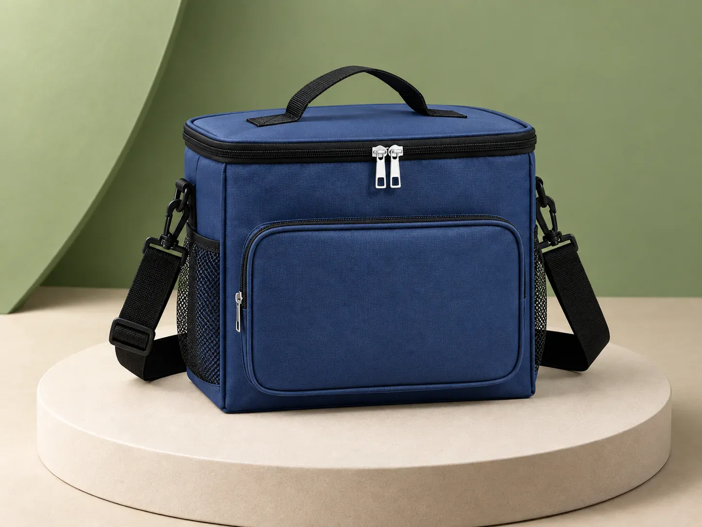 Bolsa térmica com bolso frontal, na cor azul-marinho, sem personalização: bolsa retangular com alça de mão, alça de ombro regulável, bolso frontal de zíper e bolsos laterais de tela