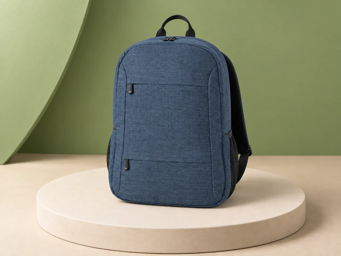 Mochila para notebook 15,6″ de poliéster reciclado, na cor azul mescla, sem personalização: mochila azul mescla com dois bolsos frontais com zíper, alça de mão preta e bolsos laterais de tela preta